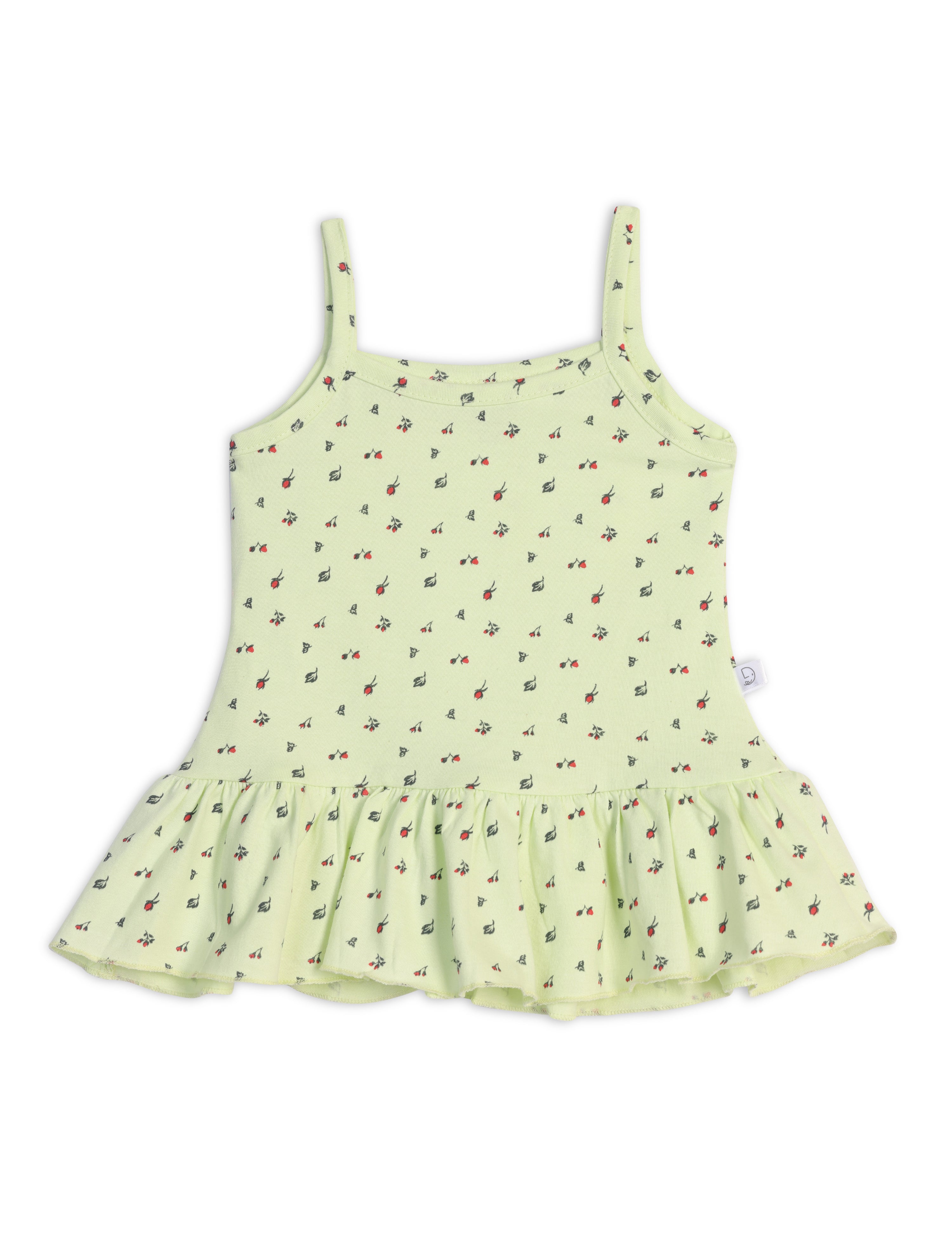 A pale olive colored sleeveless cotton frock with a floral pattern and frill detailing at the hem.