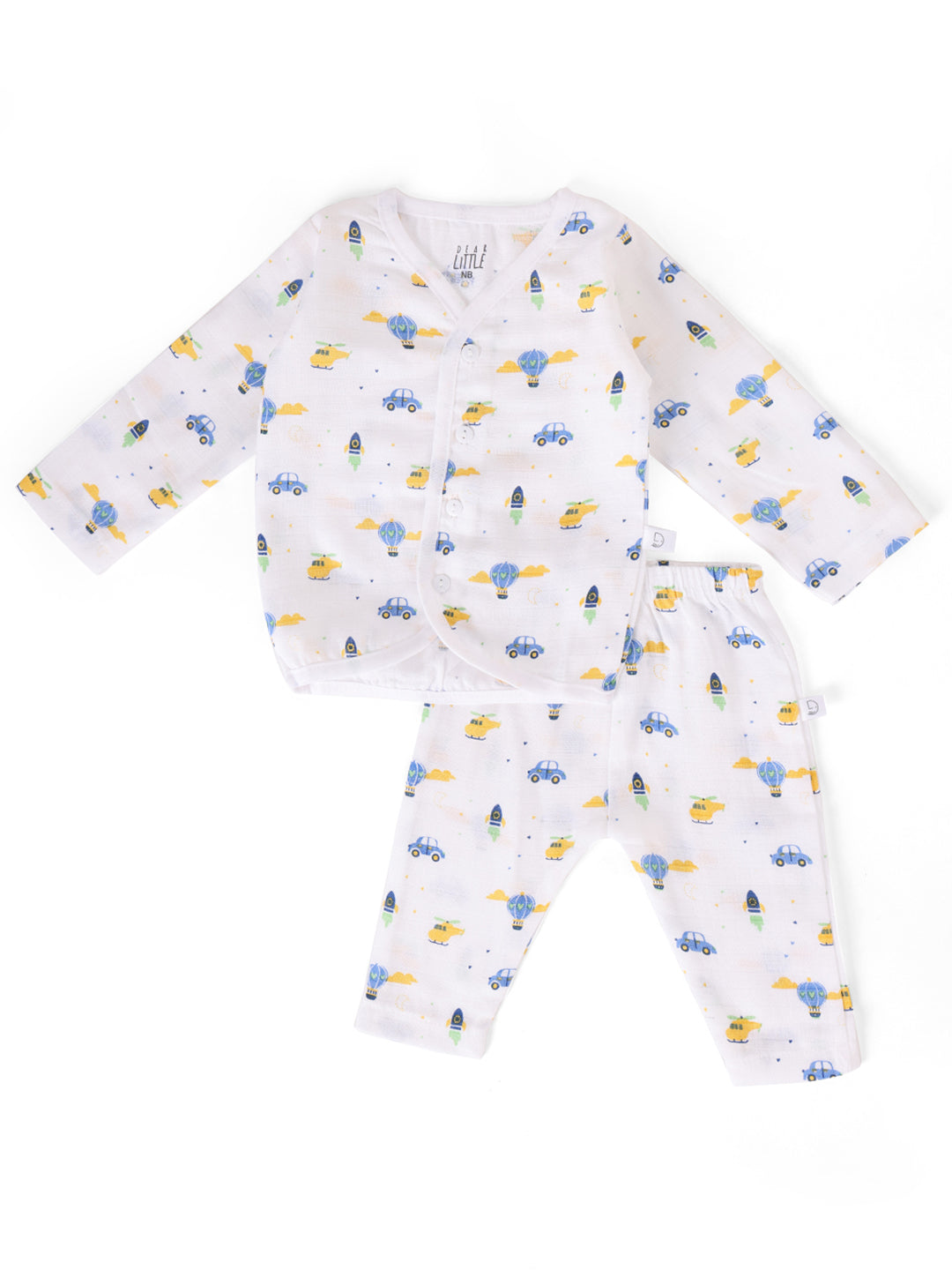 A baby's muslin cotton jhabla and pant set with a vehicle print.