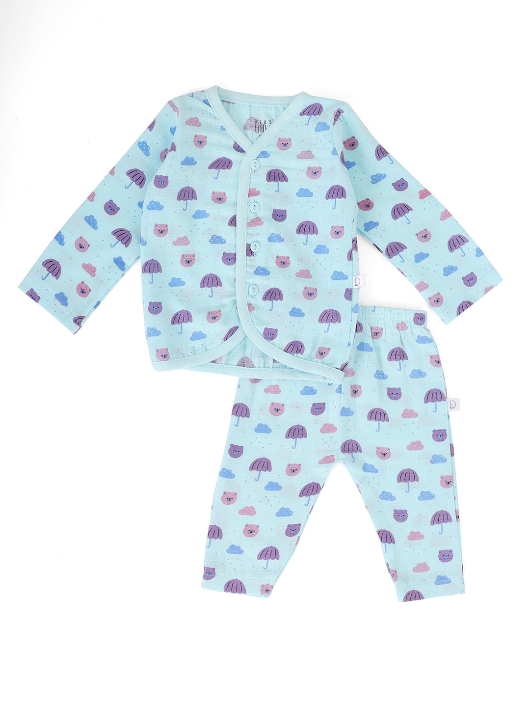 A blue muslin baby jhabla and pant set.