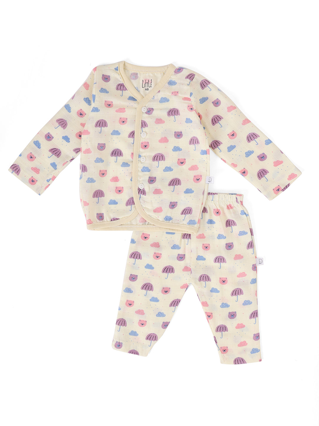 A set of baby clothing, including a full sleeve jhabla and pant, in yellow with a multicolor elephant pattern.