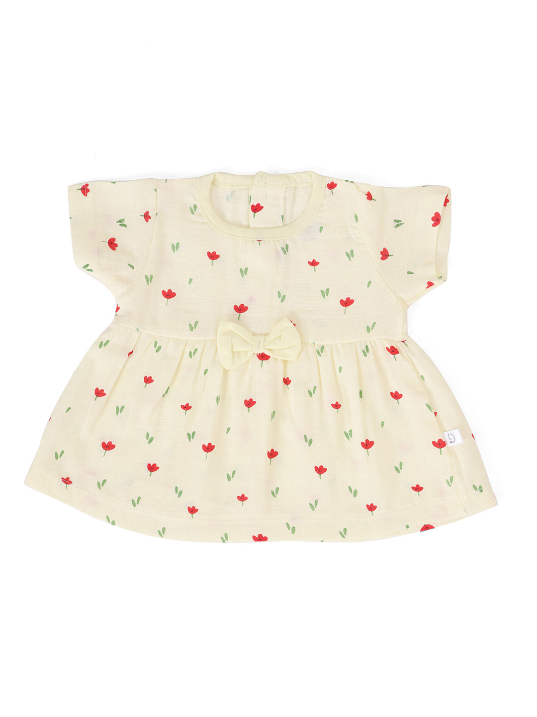 A yellow short-sleeved muslin bow frock with a floral pattern and a front bow detail.