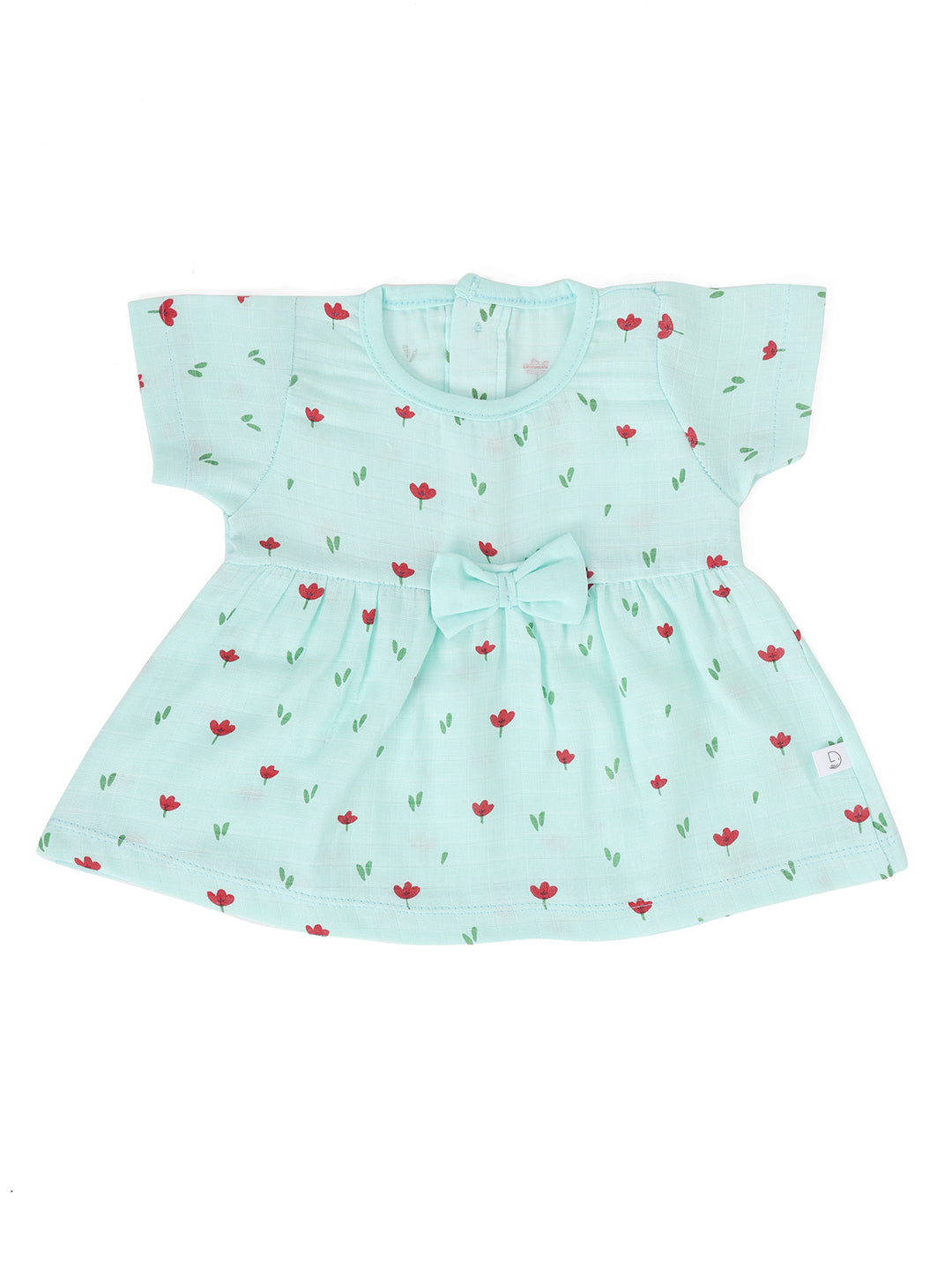 Green half sleeve muslin bow frock with a floral pattern and a front bow.