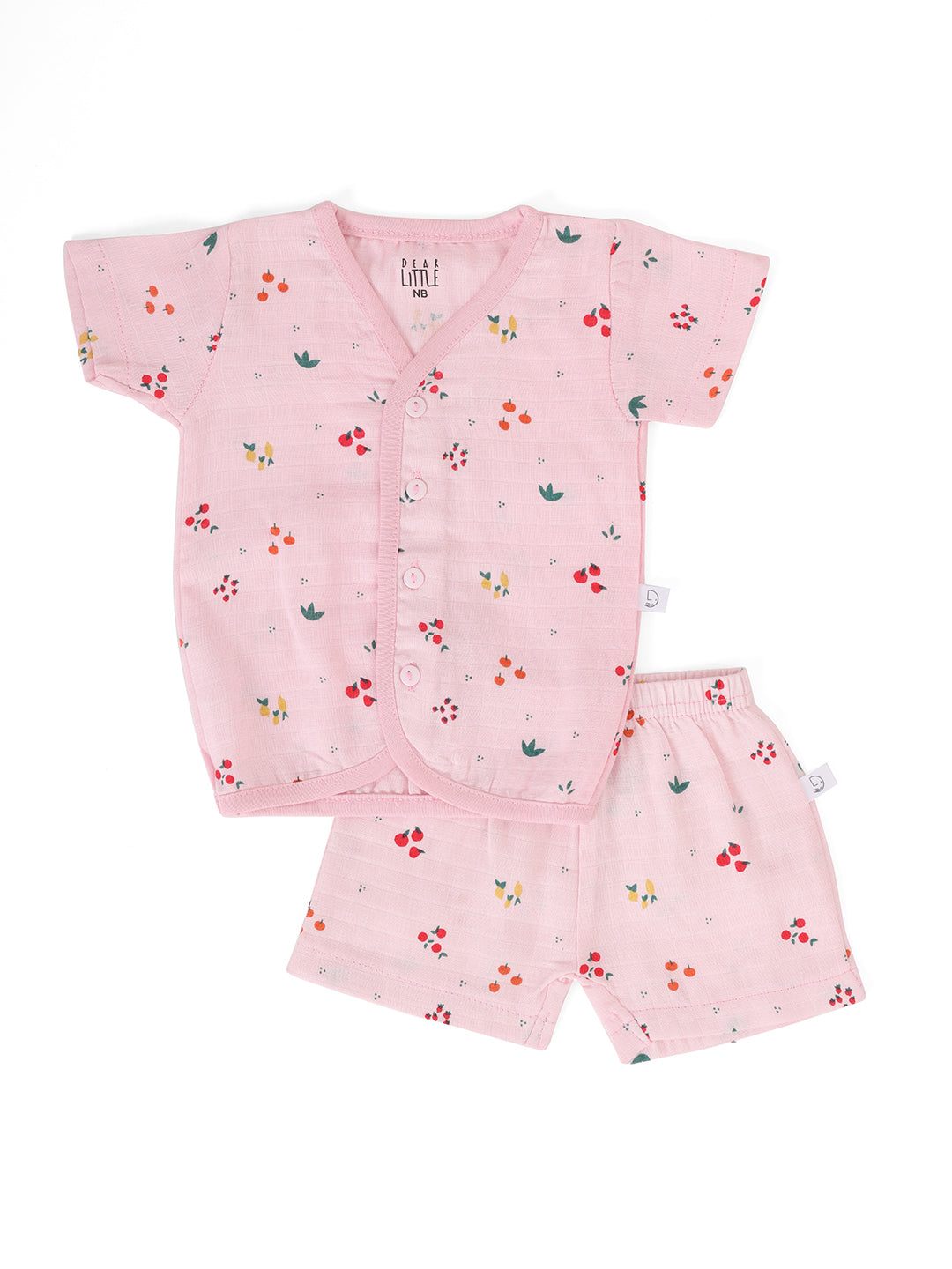 A pink baby muslin half sleeve jhabla and shorts set with floral patterns