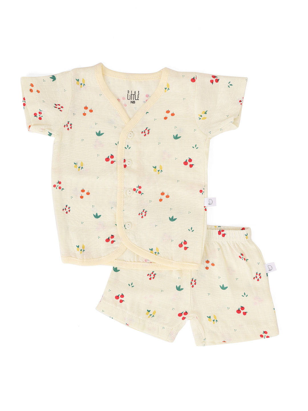 A yellow muslin half sleeve jhabla and shorts set for babies, with floral patterns.