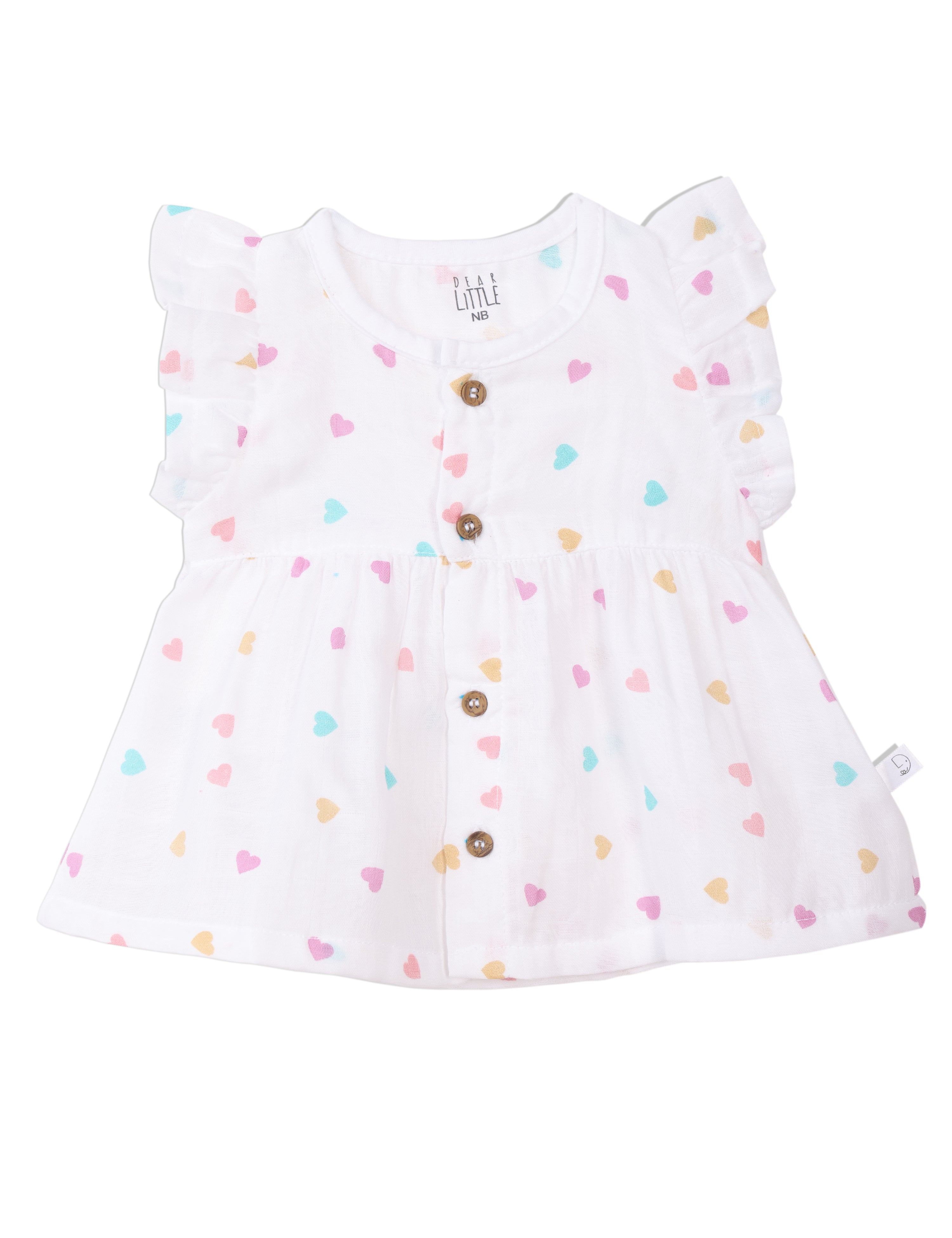 A white muslin frock with multicolor heart prints, ruffle sleeves, and wooden buttons designed for babies.