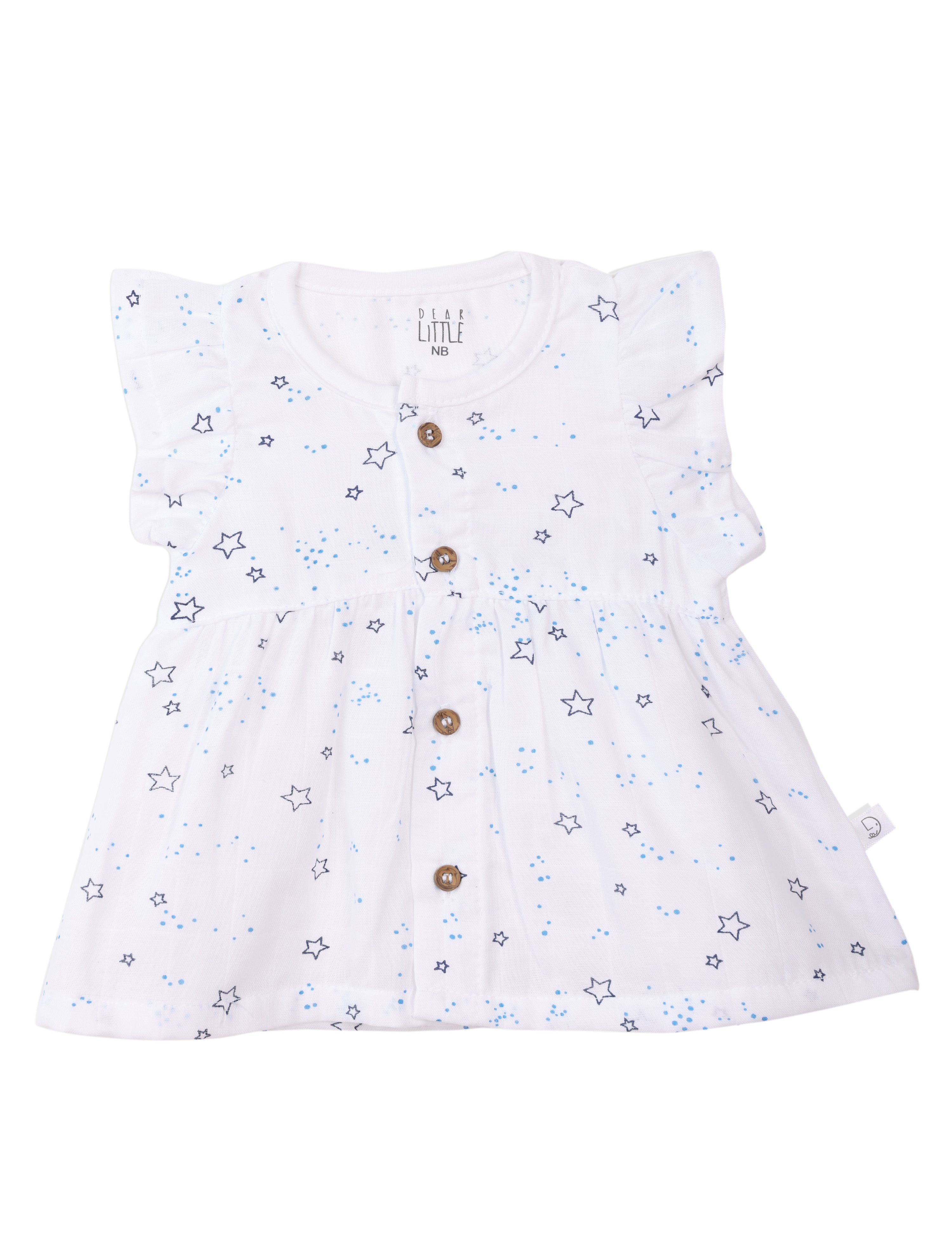 A white ruffle sleeve muslin frock with star prints and wooden buttons designed for babies.