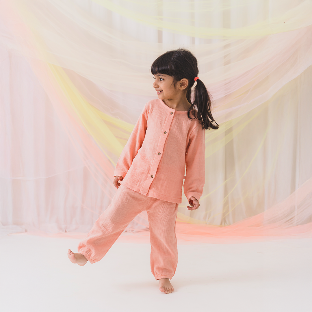 Crinkled Muslin Full Sleeve Top & Pant Co-ord Set - Light Orange