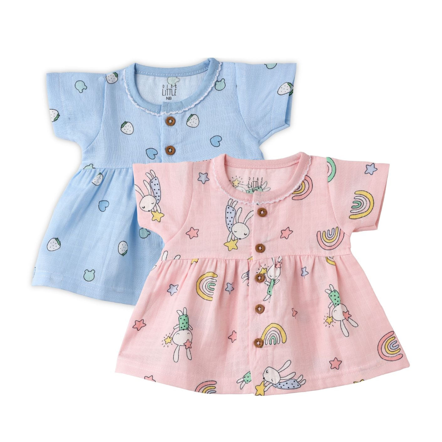 Two-piece muslin frock set for babies, one in pink and one in blue, both with playful animal prints and wooden button-down fronts.