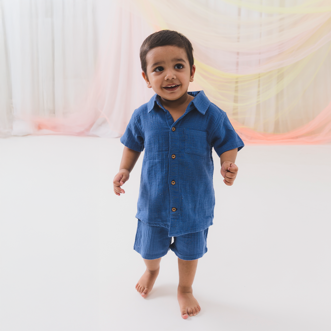 Crinkled Cotton Shirt & Shorts - Dark Blue