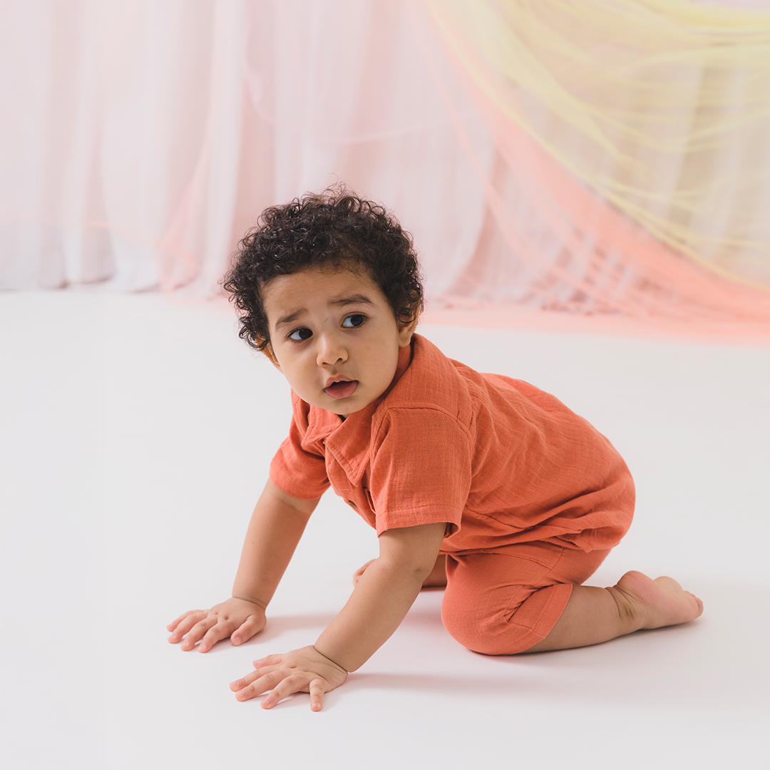 Crinkled Cotton Shirt & Shorts - Orange