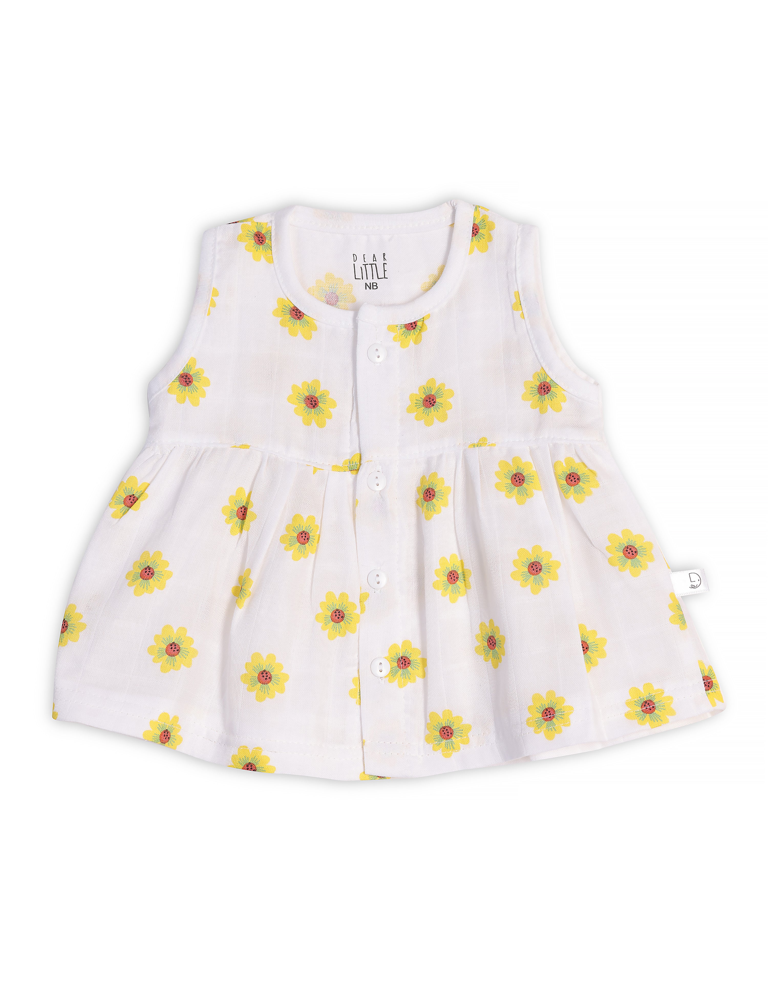 A sleeveless white baby frock with a floral pattern, featuring a round neckline and a pleated design.