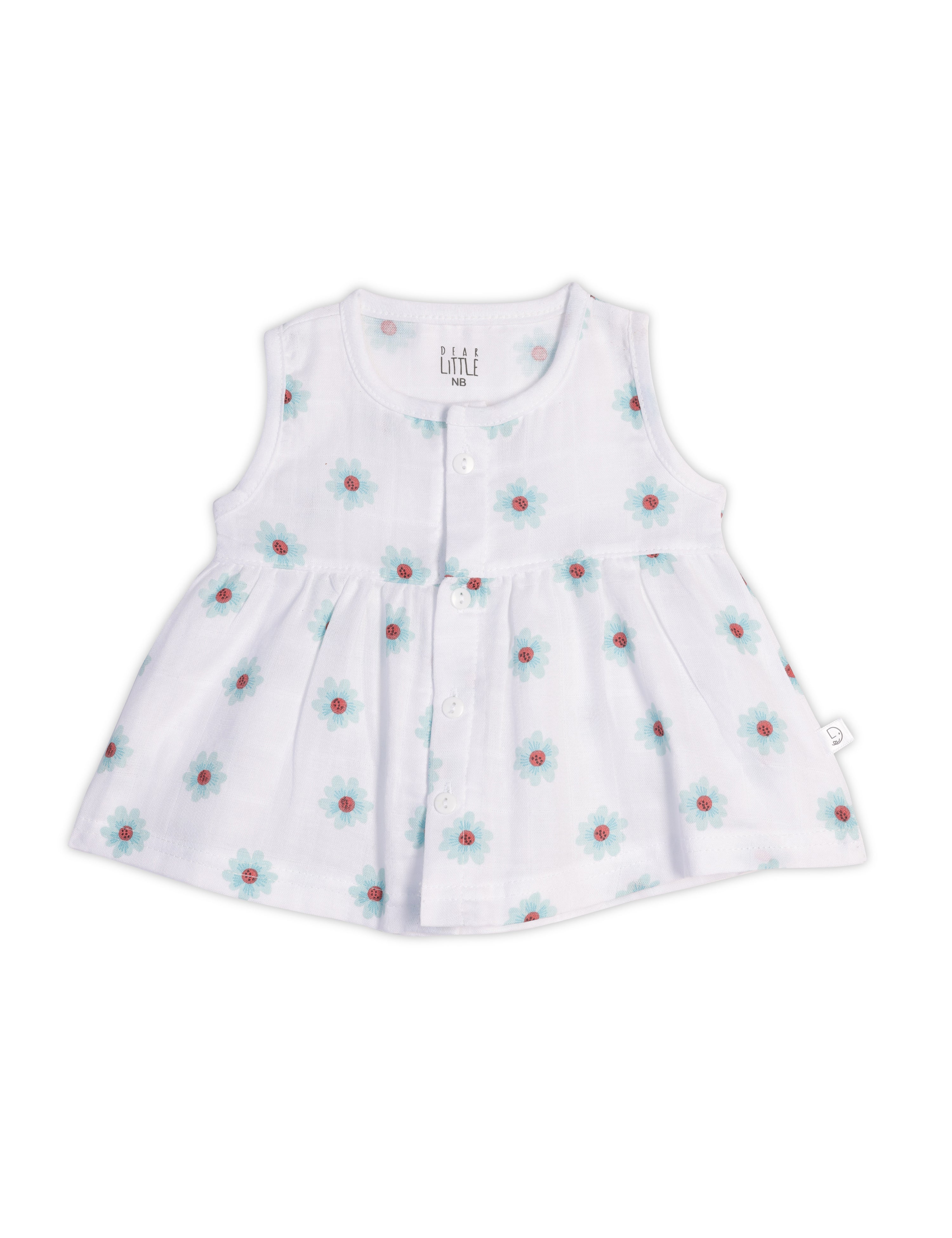 A sleeveless white baby frock with a floral pattern, featuring a round neckline and a pleated design.