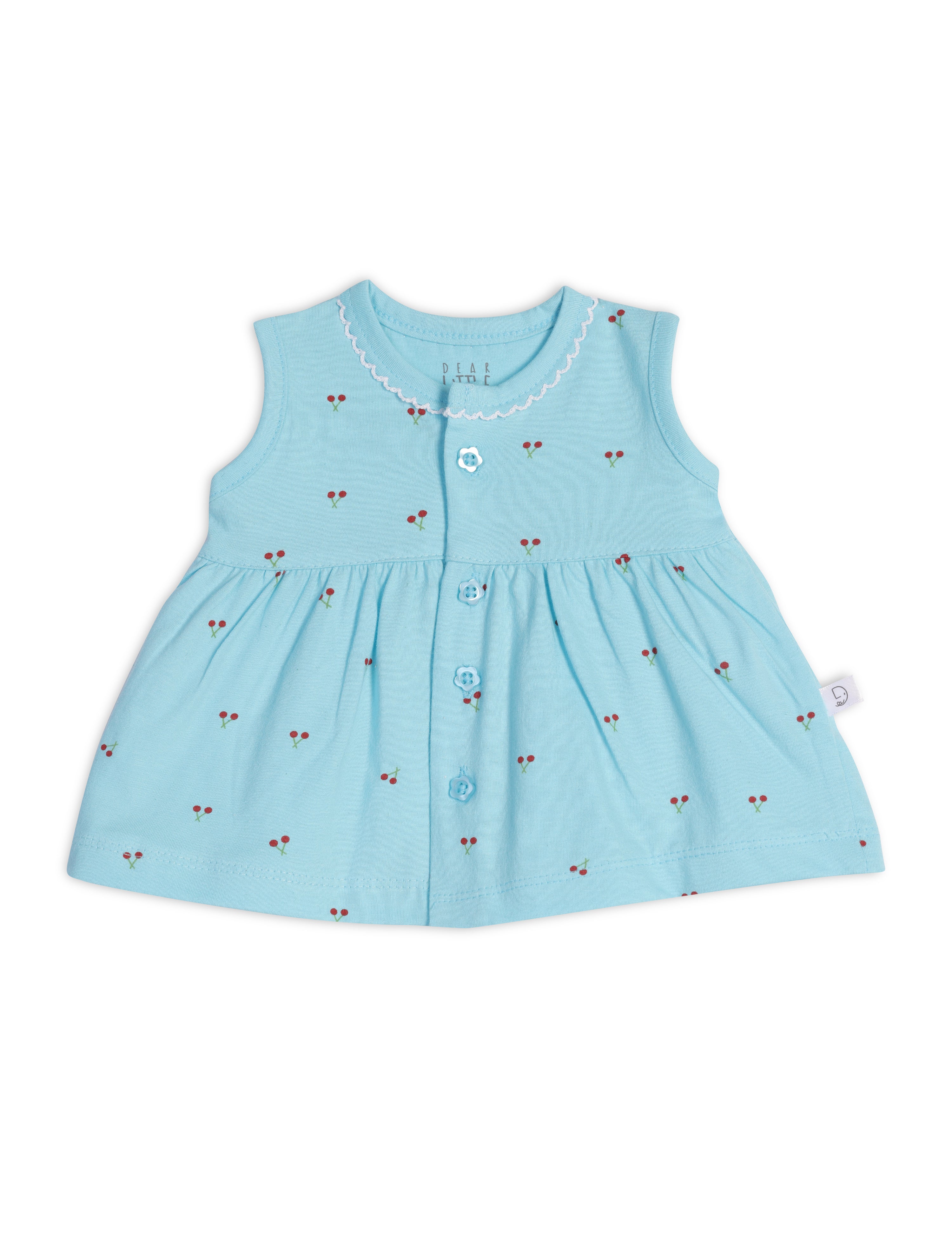 A sleeveless baby frock in sky blue with cherry blossom prints, accompanied by a matching bloomer.