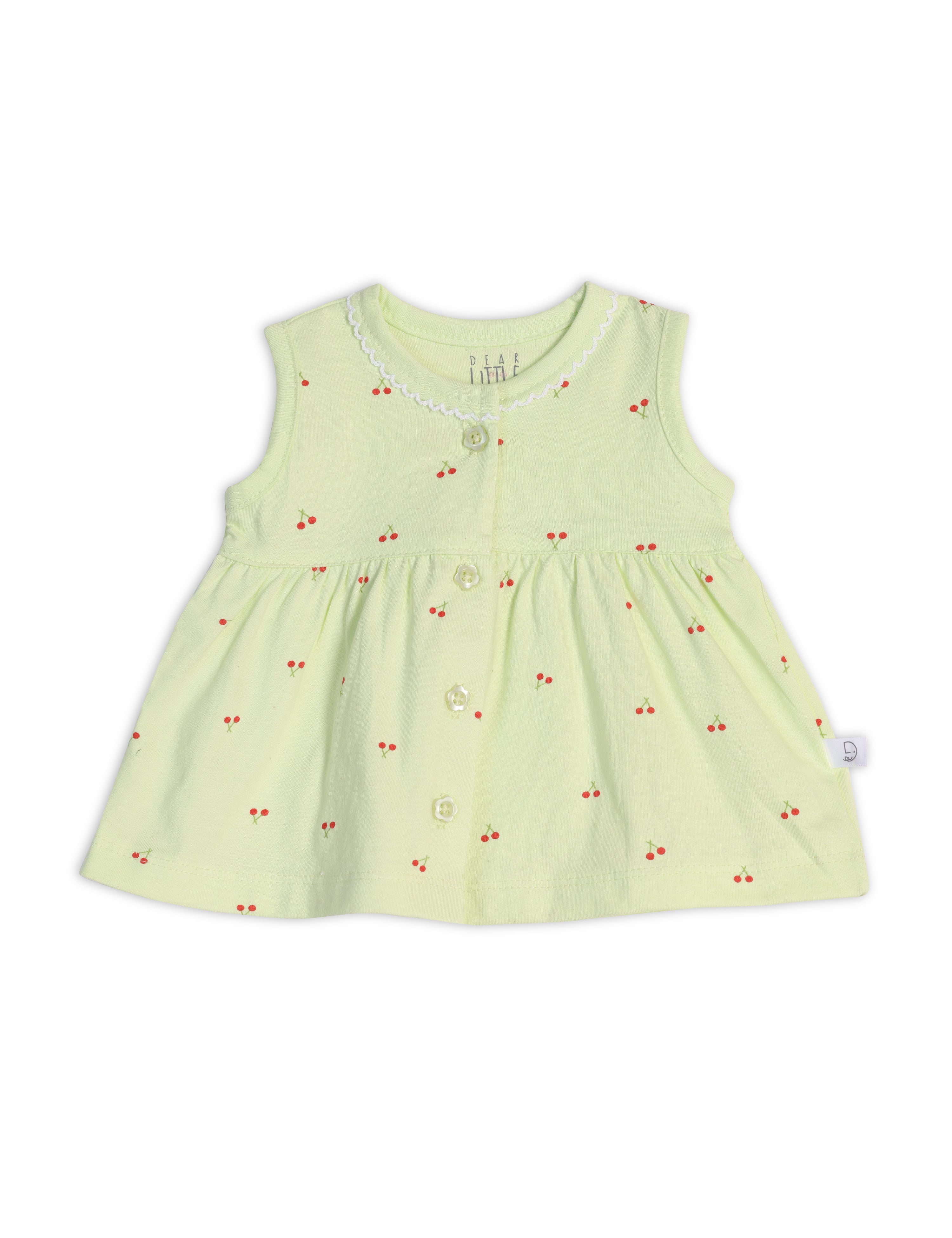 A light olive green sleeveless cotton frock for babies, adorned with cherry prints and paired with matching bloomer.