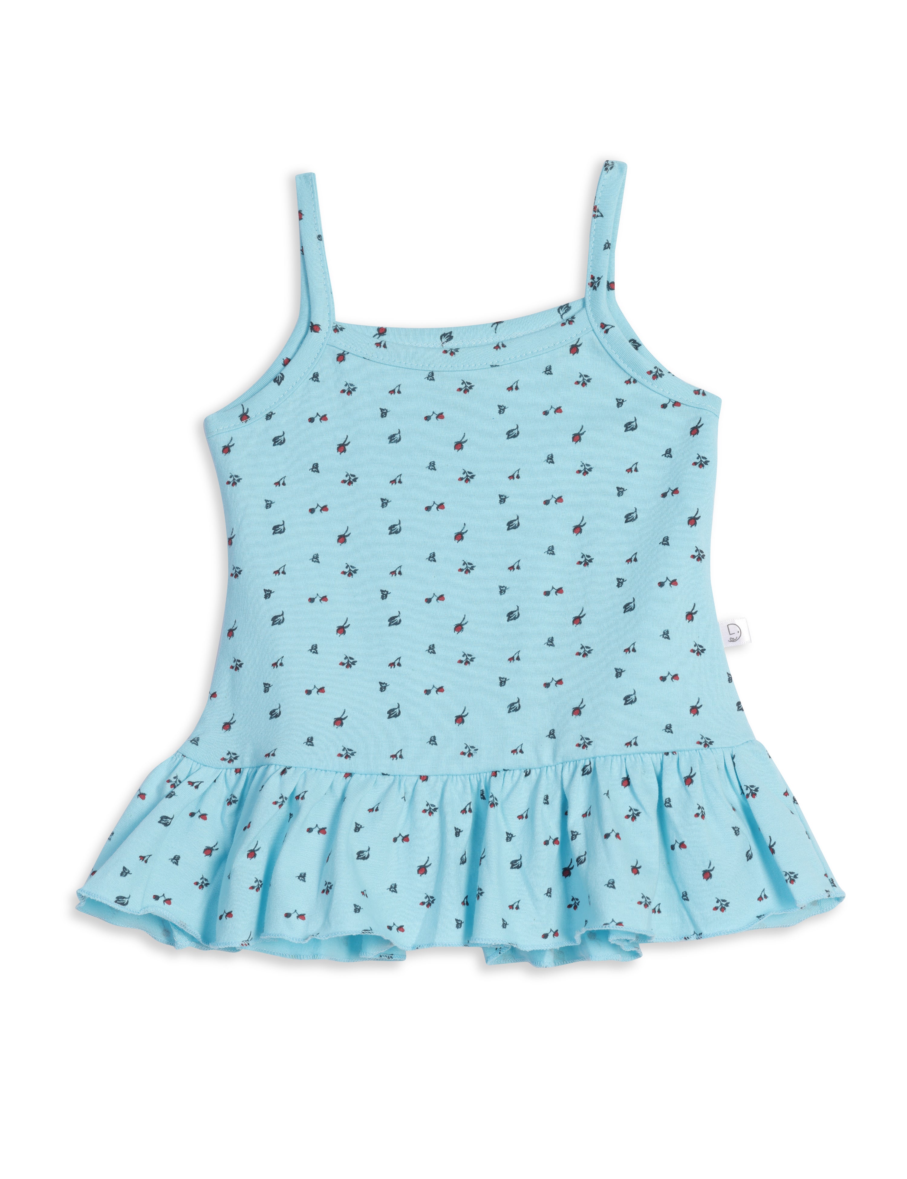 A sleeveless blue frock with a floral pattern and frill detailing at the hem.