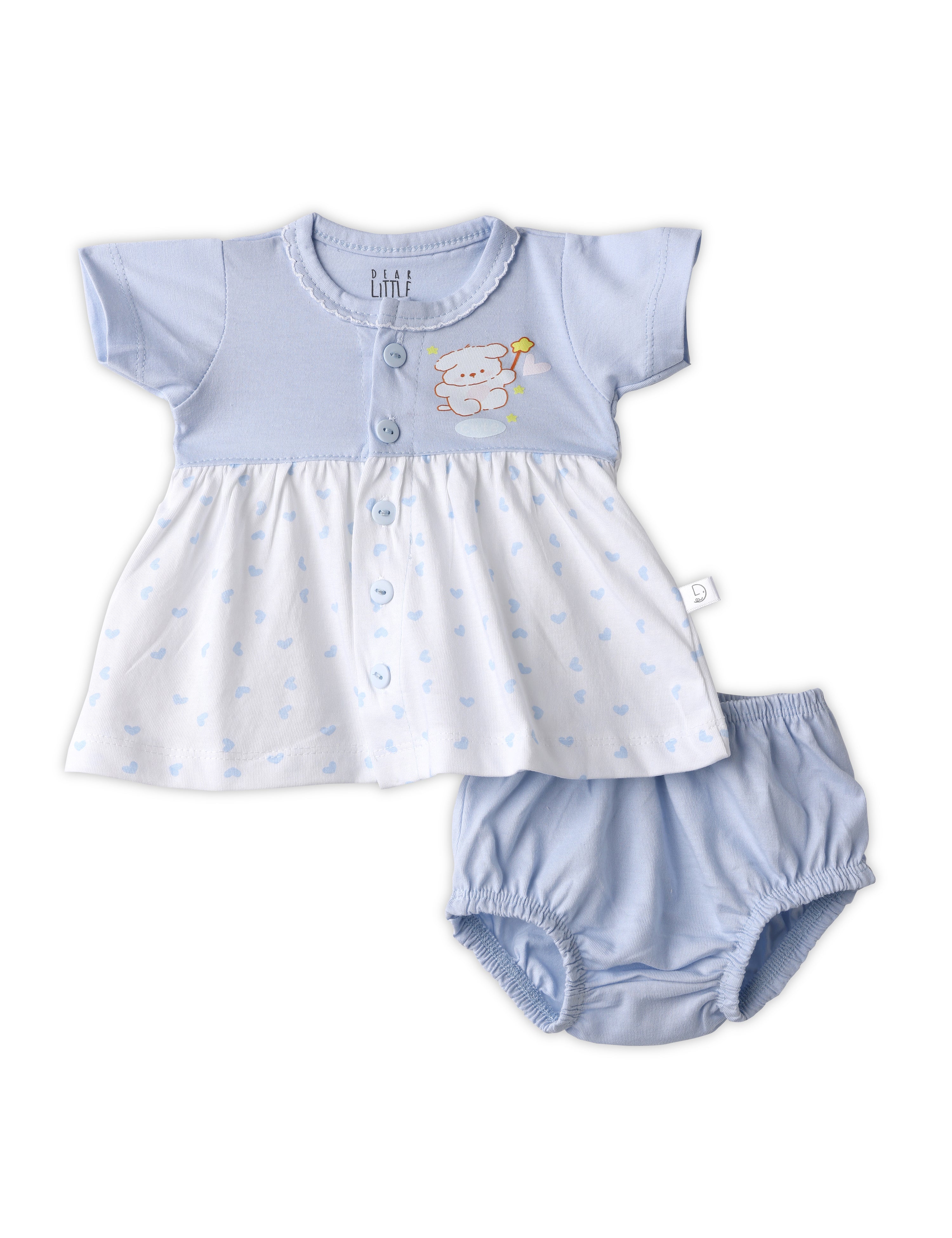 A blue and white baby cotton frock set with short sleeves