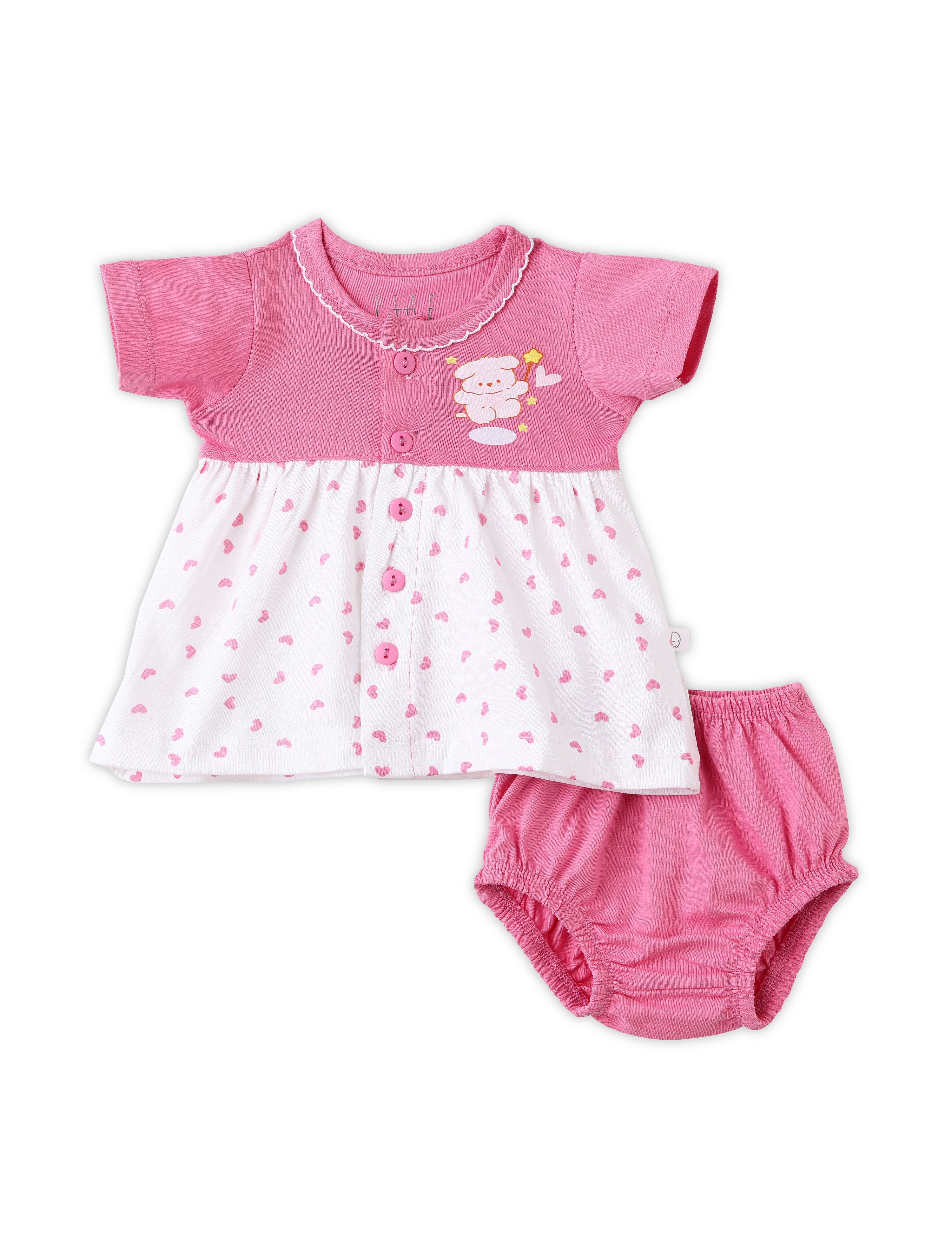 A pink and white baby cotton frock with short sleeves