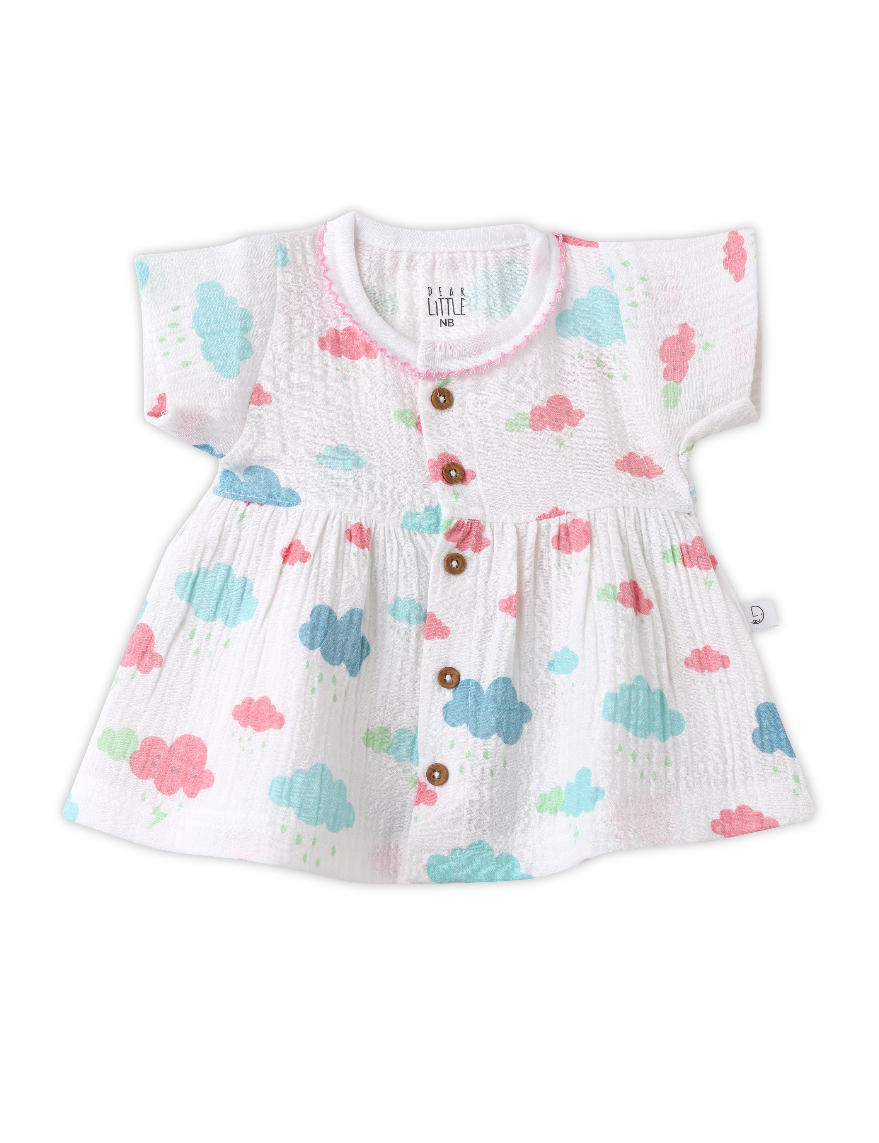 A crinkled muslin baby frock in pink and blue with a flowy silhouette and buttons down the front.