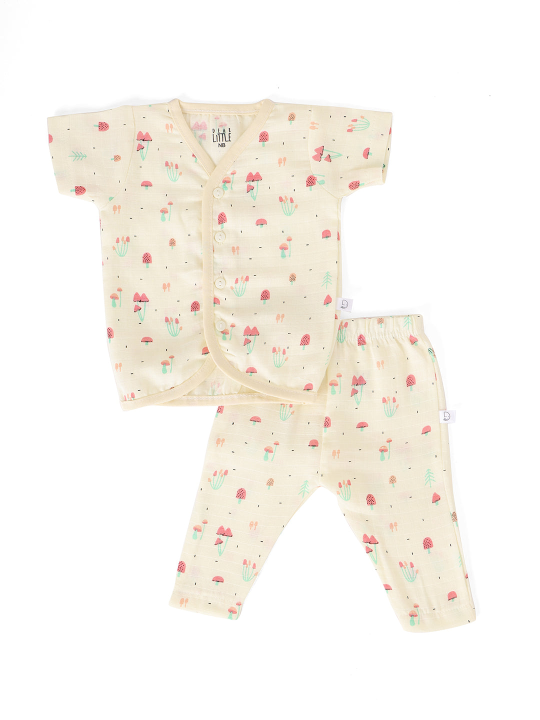 A yellow baby outfit with floral patterns, consisting of a half sleeve top and pants.