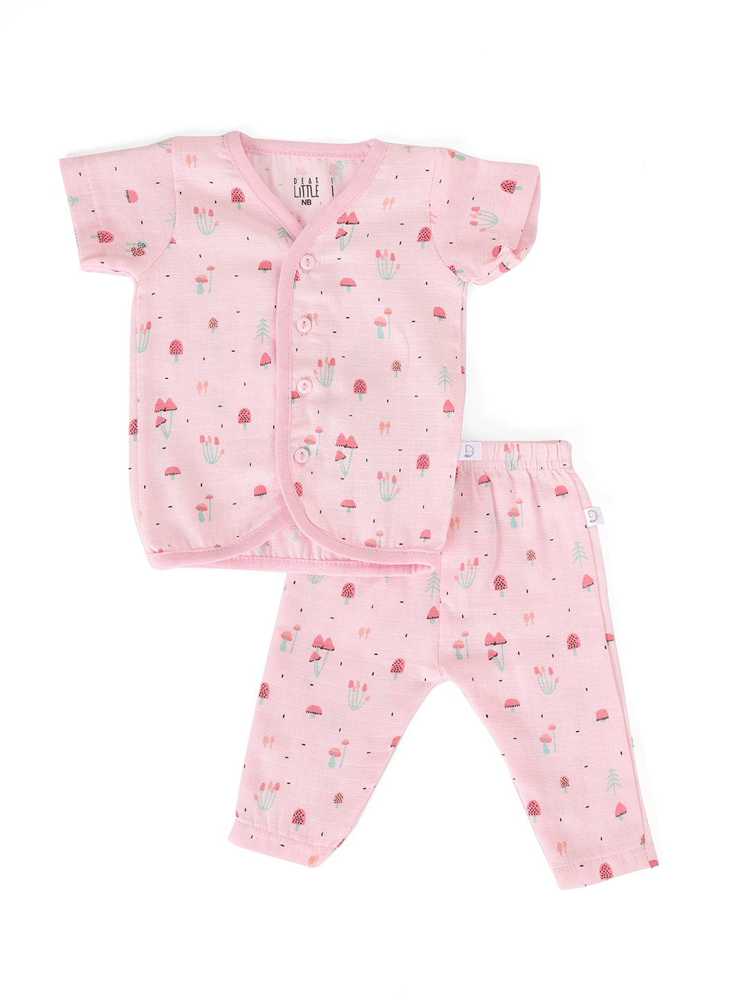 A pink muslin half sleeve jhabla and pant set for babies with a floral pattern.