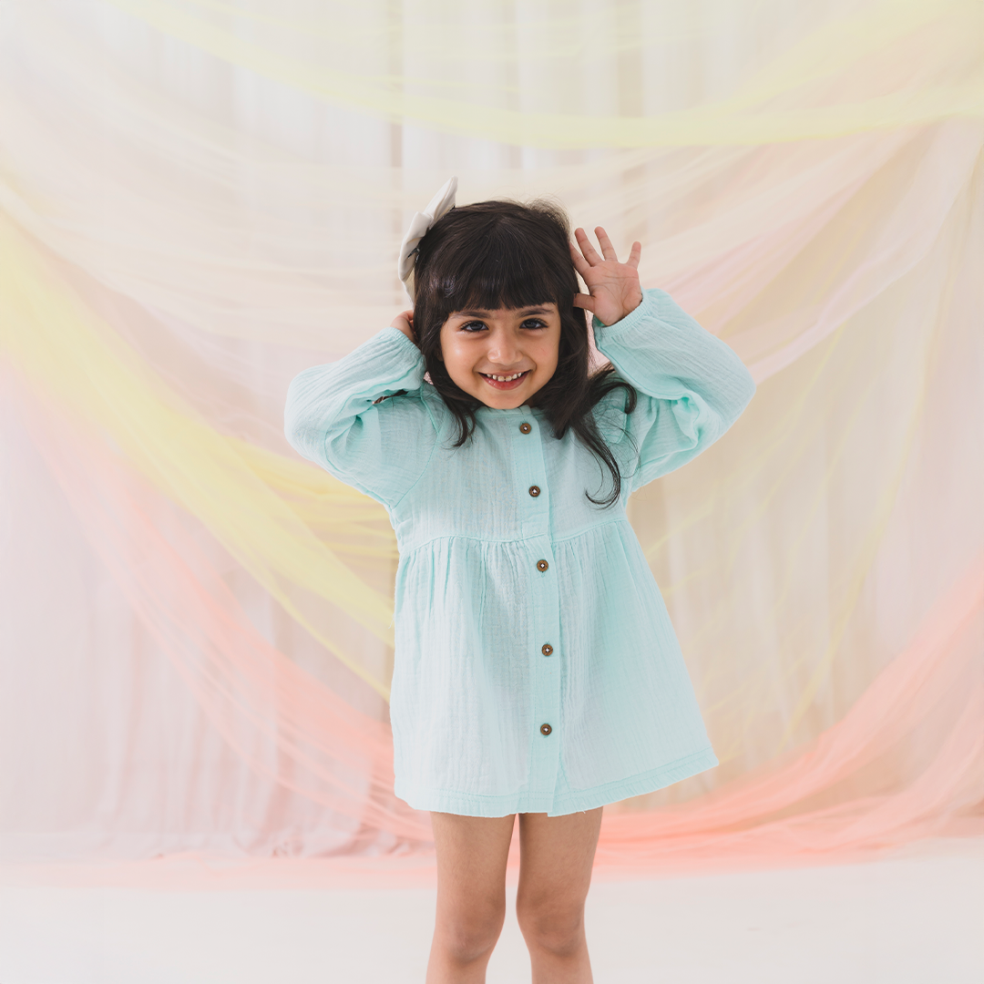 Crinkled Muslin long sleeve frock with frill