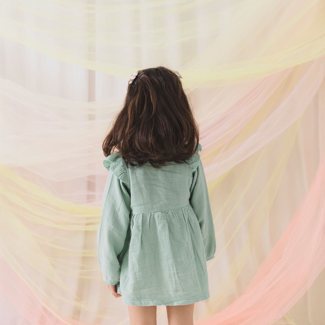 Crinkled Muslin long sleeve frock - Soft Green