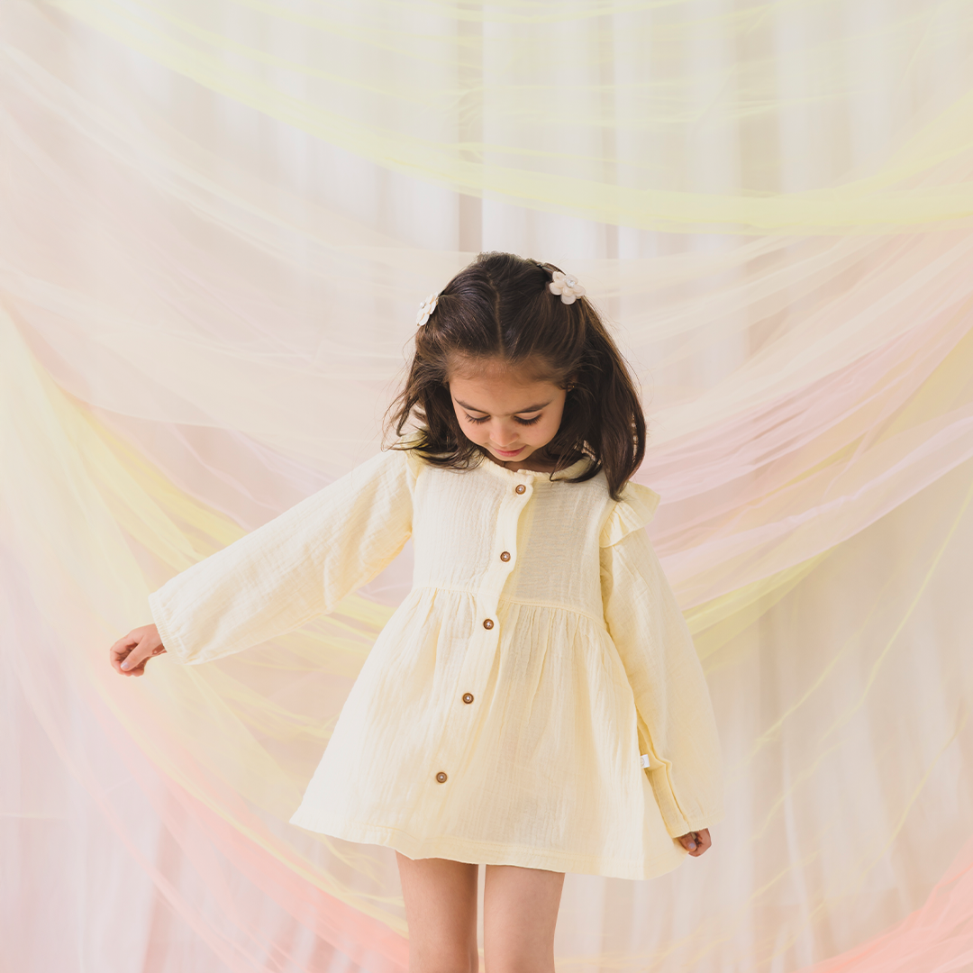 Crinkled Muslin long sleeve frock with frill