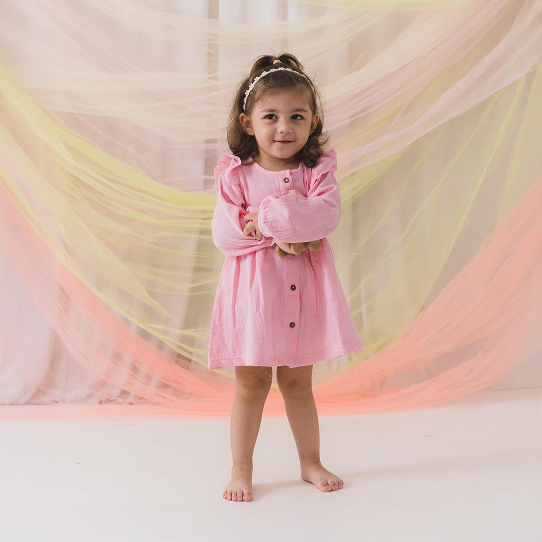 Crinkled Muslin long sleeve frock Pink