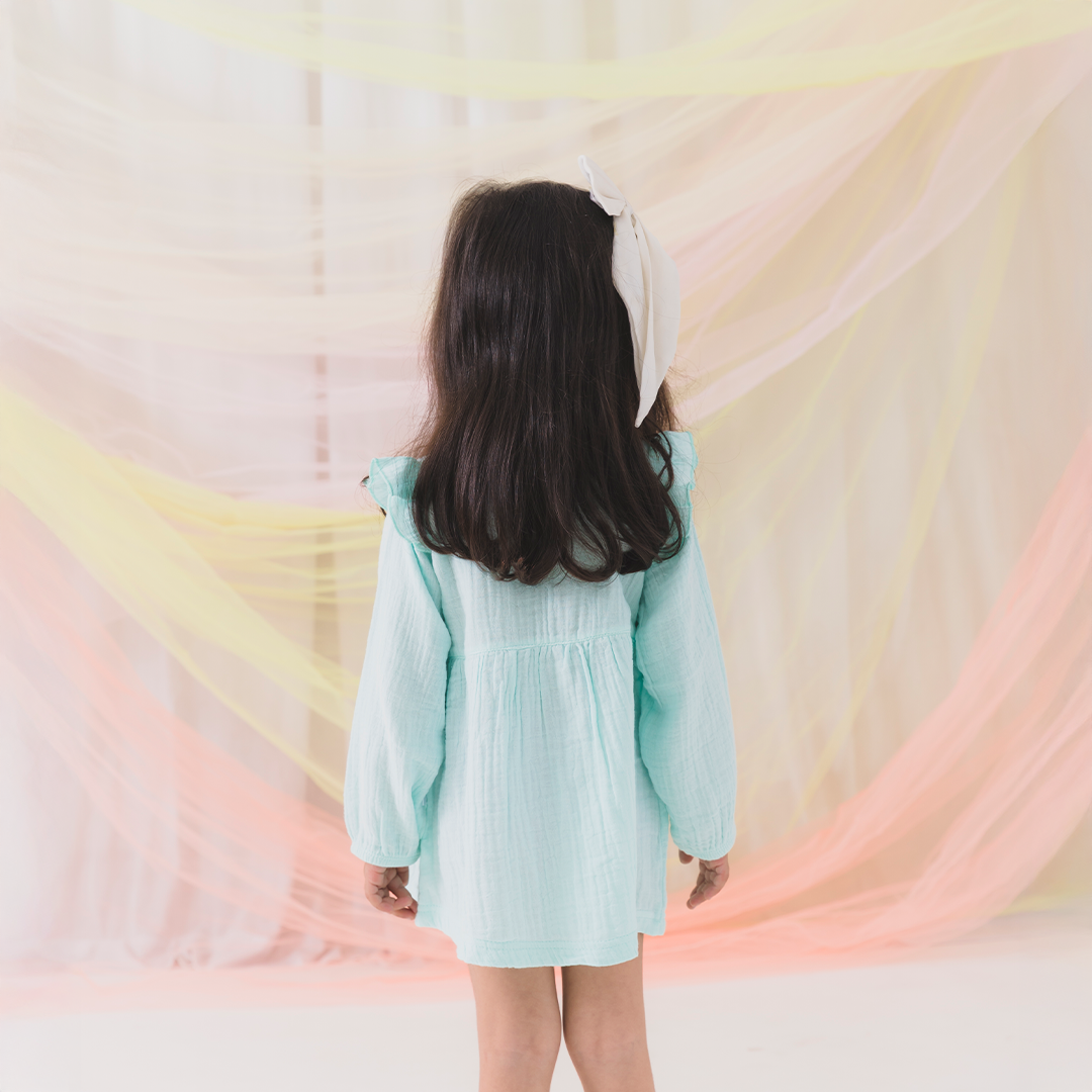Crinkled Muslin long sleeve frock - Aqua