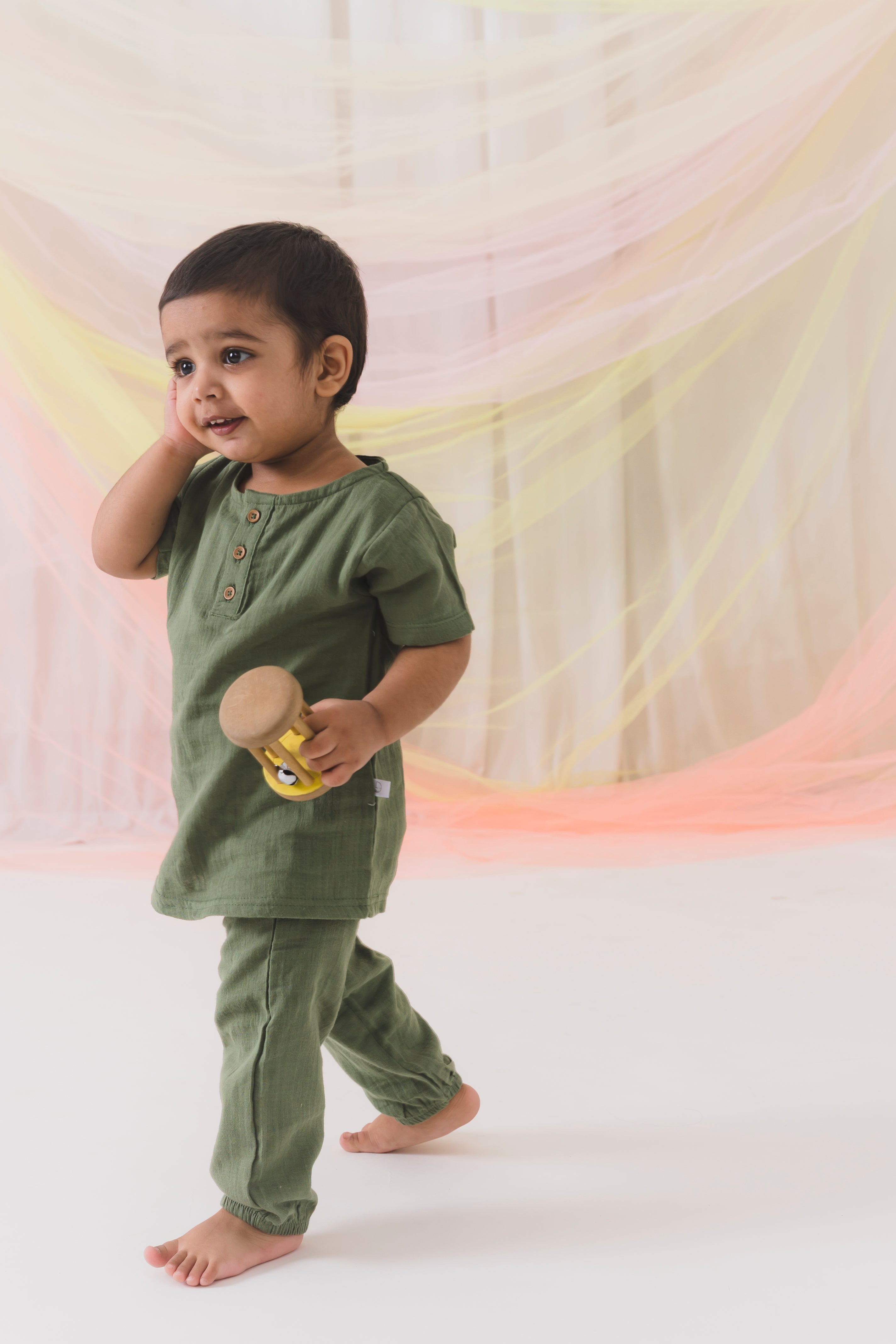 Crinkled Muslin Half sleeve Top & Pant - Olive Green