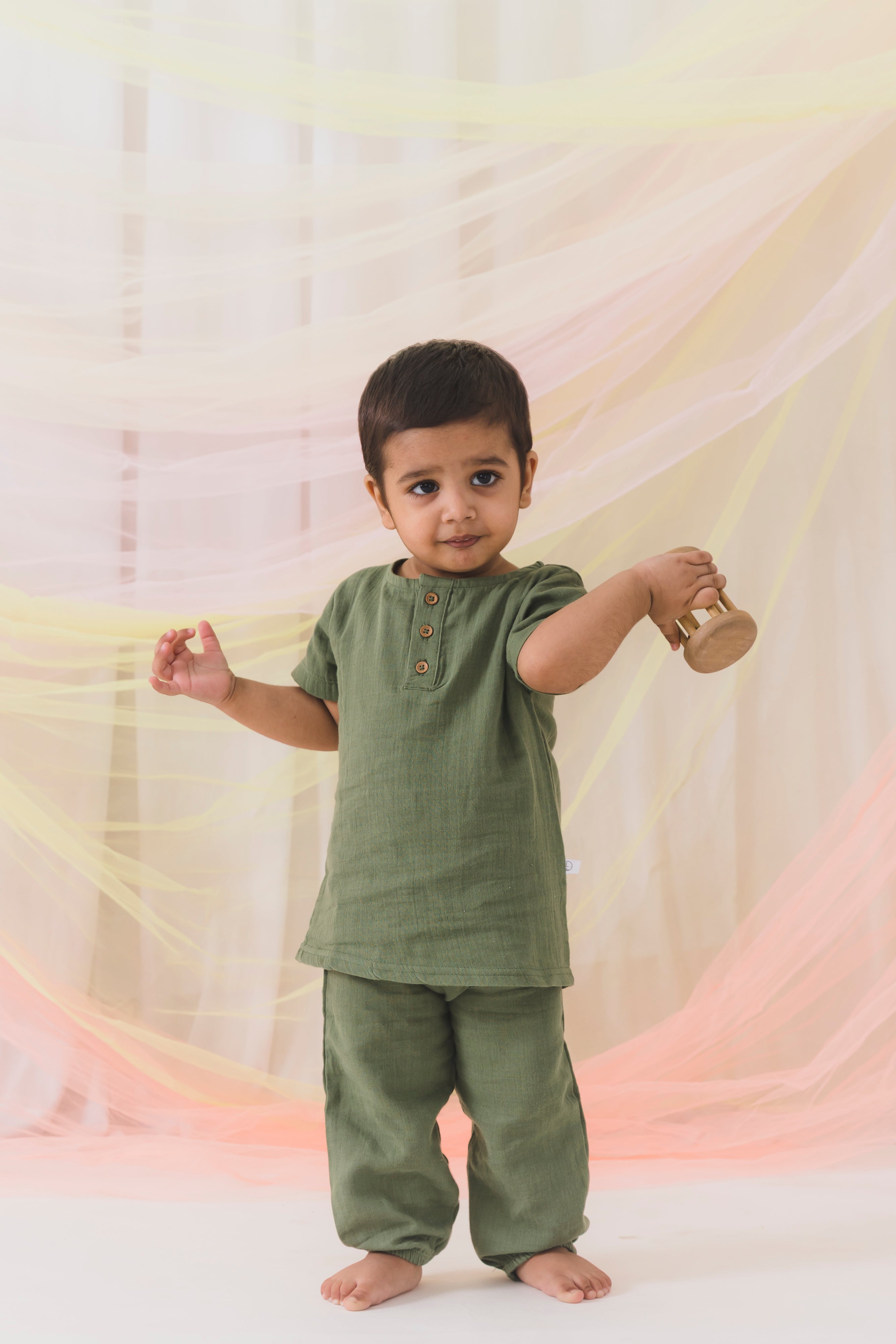 Crinkled Muslin Half sleeve Top & Pant - Olive Green