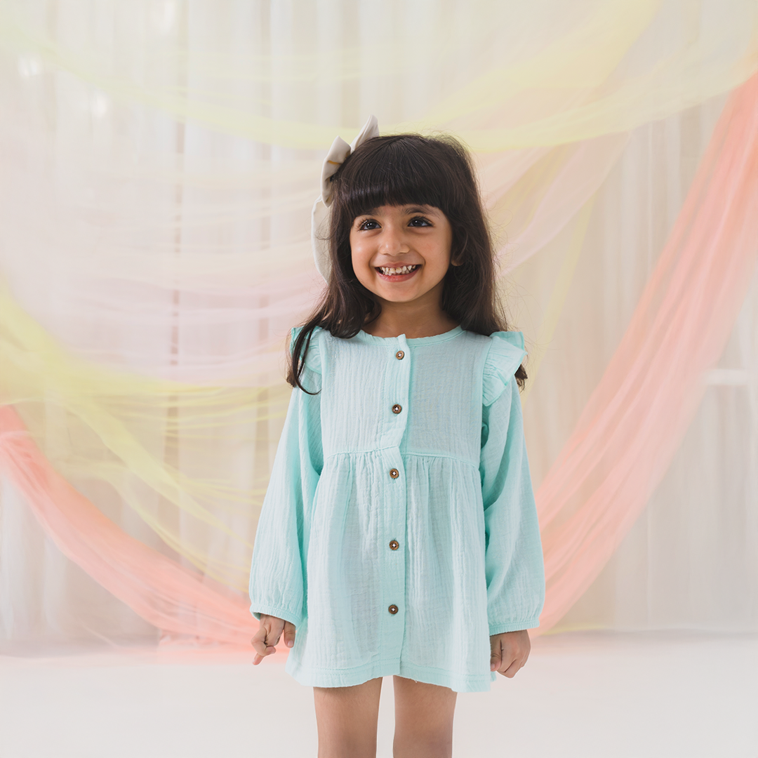 Crinkled Muslin long sleeve frock with frill - Aqua