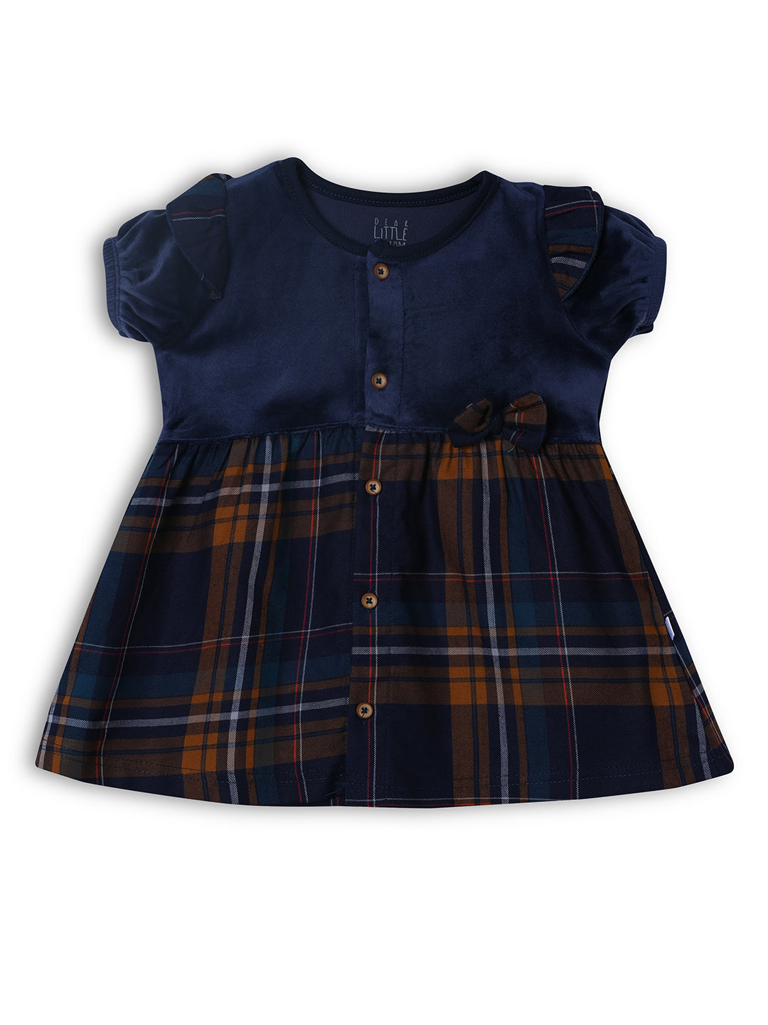 Navy blue dress with plaid pattern on a white background