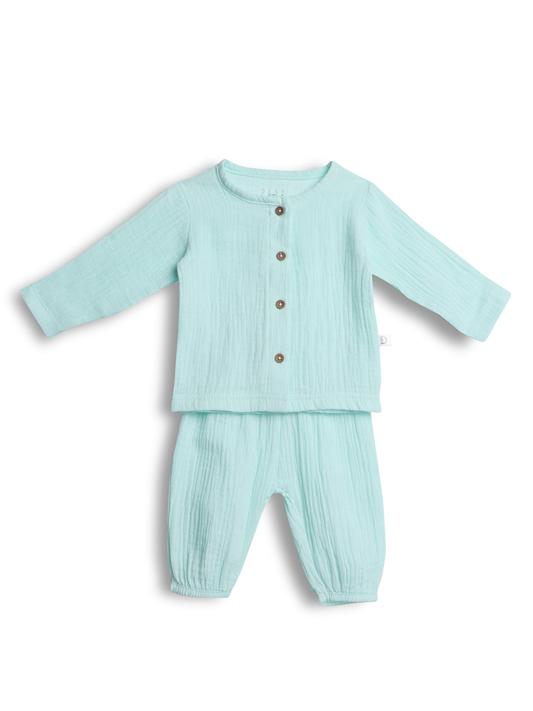 Light blue baby outfit with buttons on a white background