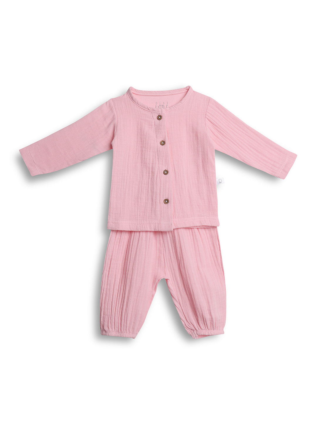 Pink baby outfit with long-sleeve top and pants on a white background