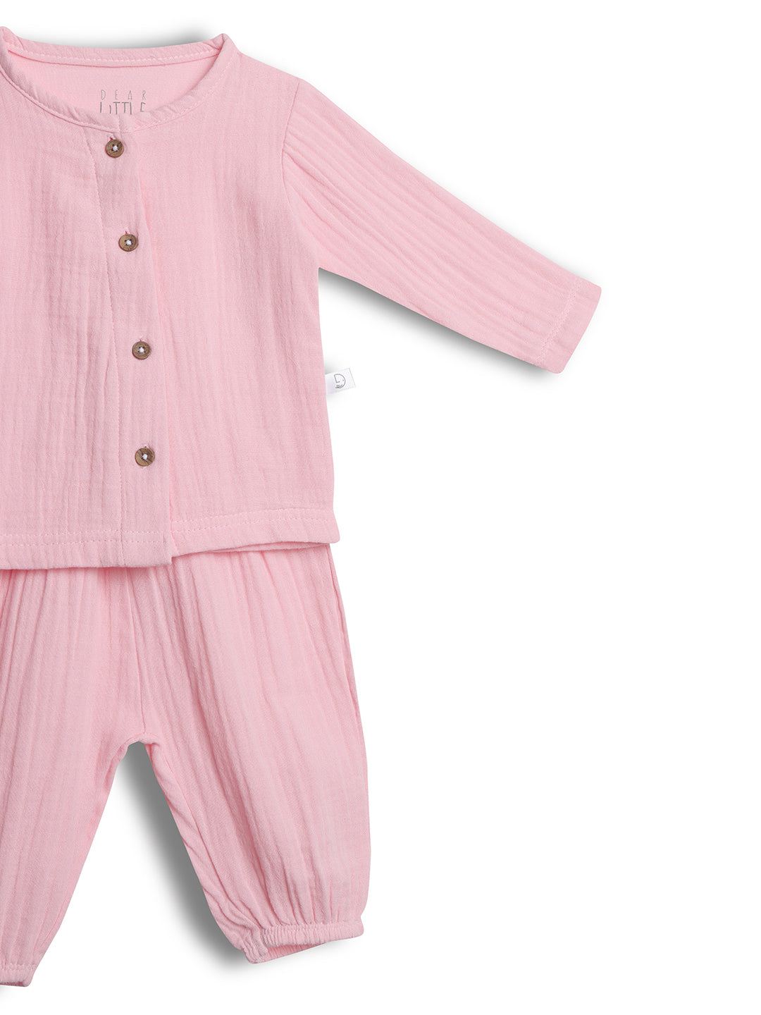 Pink baby outfit with long-sleeve top and pants on a white background