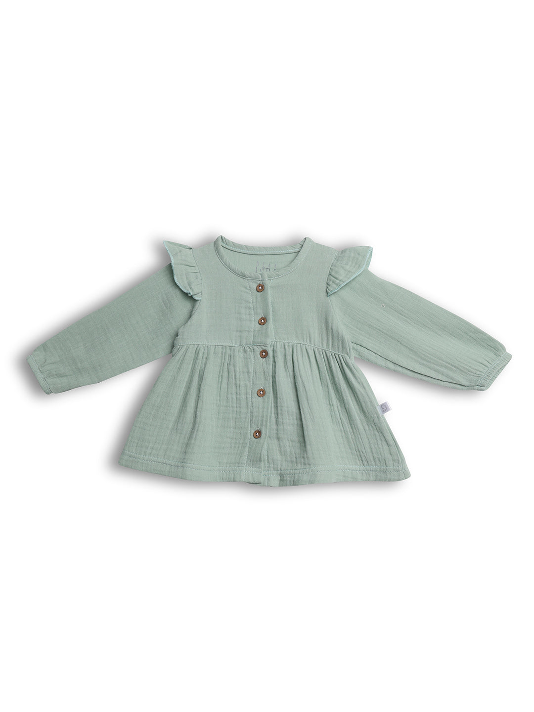 Light green baby dress with ruffled sleeves on a white background