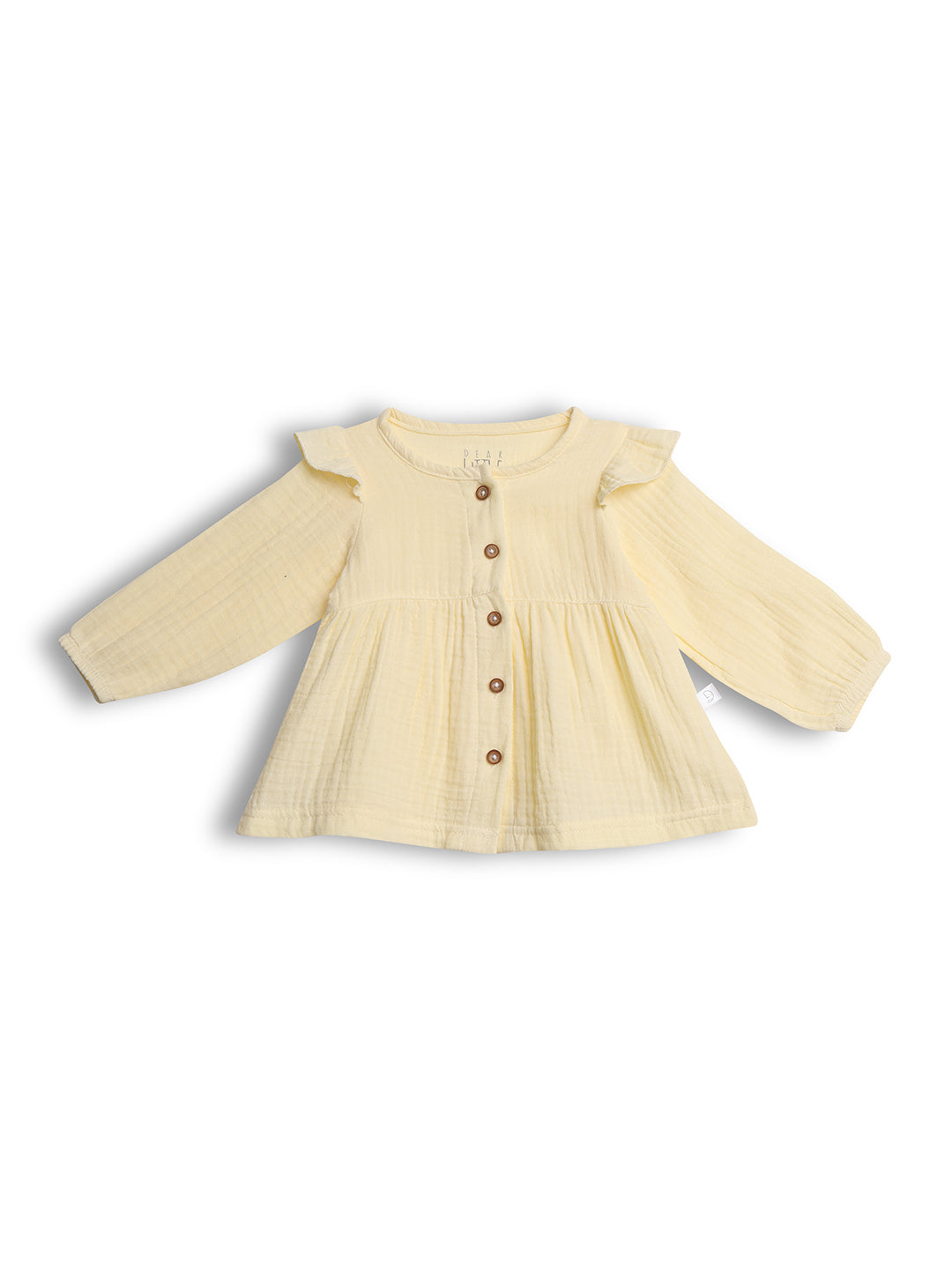 Yellow baby blouse with ruffled sleeves on a white background