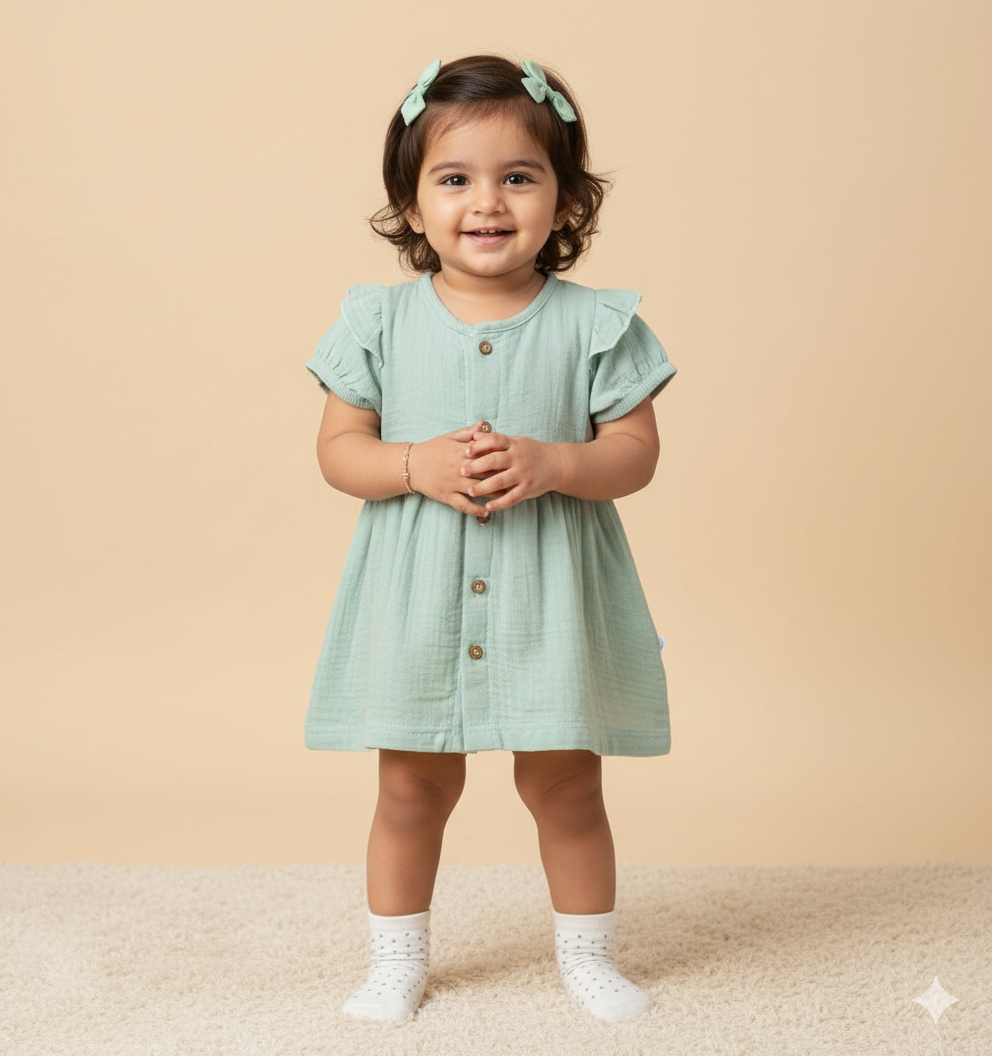 Crinkled Muslin short sleeve frock with frill - Soft Green