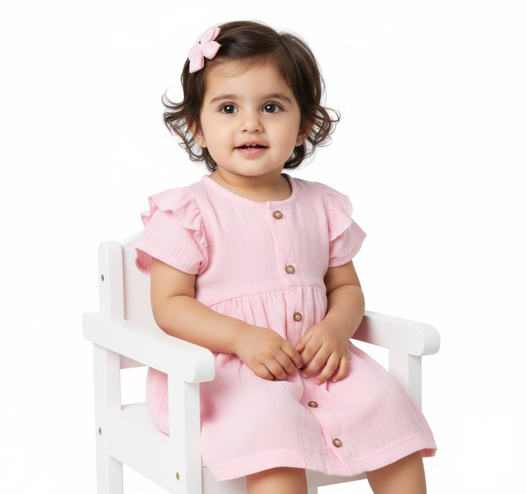 Crinkled Muslin short sleeve frock with frill - Pink