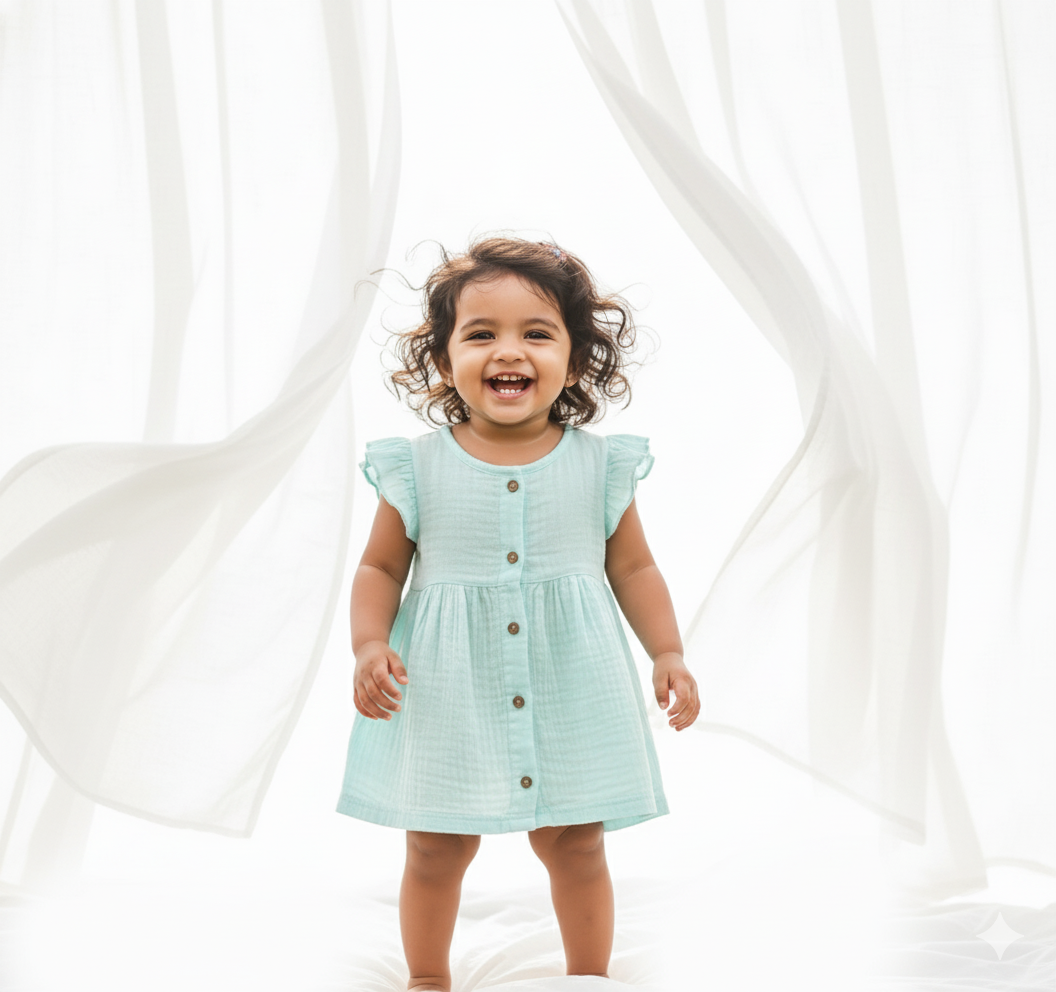 Crinkled Muslin short sleeve frock with frill - Aqua