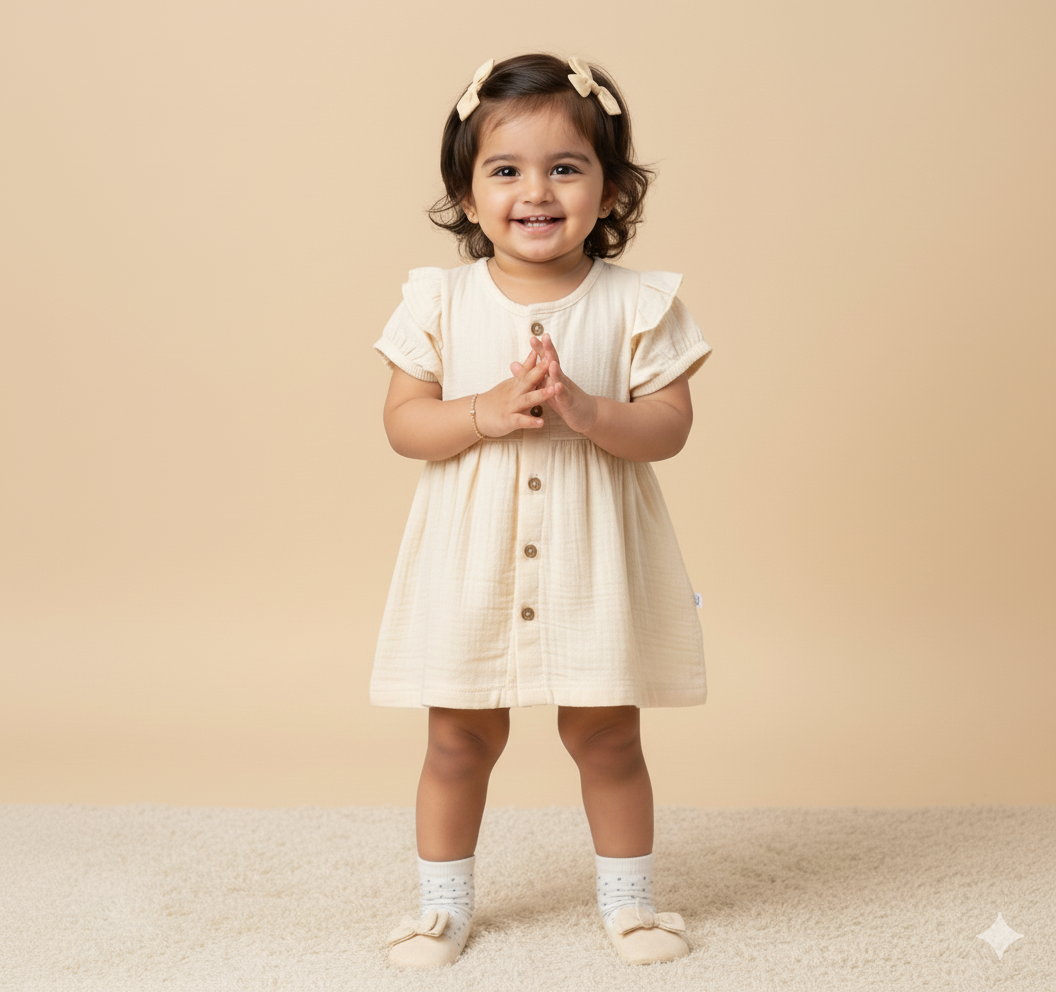 Crinkled Muslin short sleeve frock with frill - Vanilla
