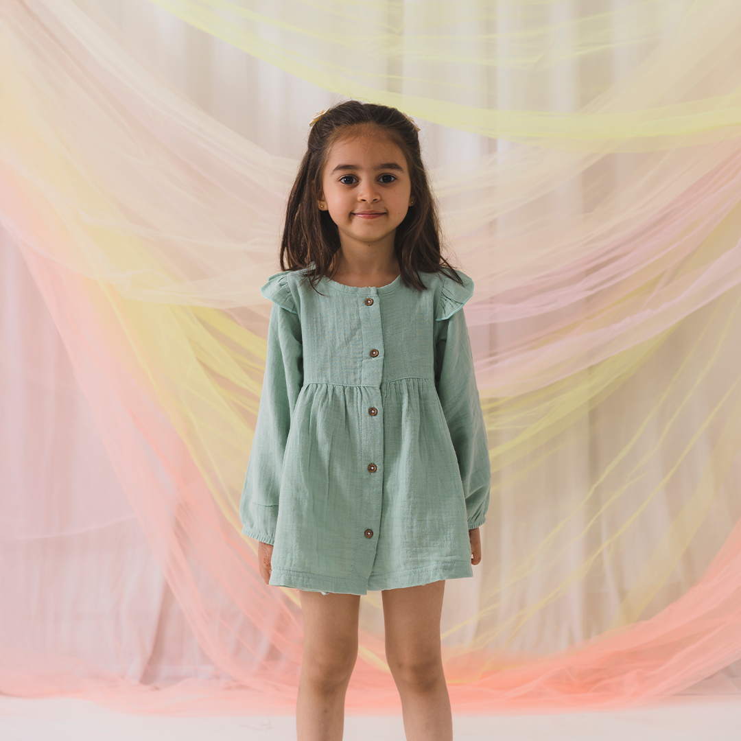 Crinkled Muslin long sleeve frock with frill - Soft Green