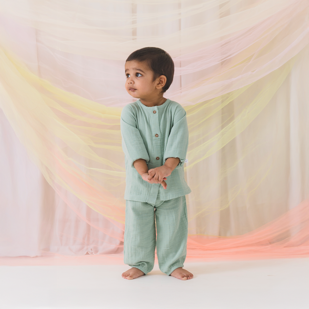 Crinkled Muslin Full Sleeve Top & Pant Co-ord Set - Soft Green