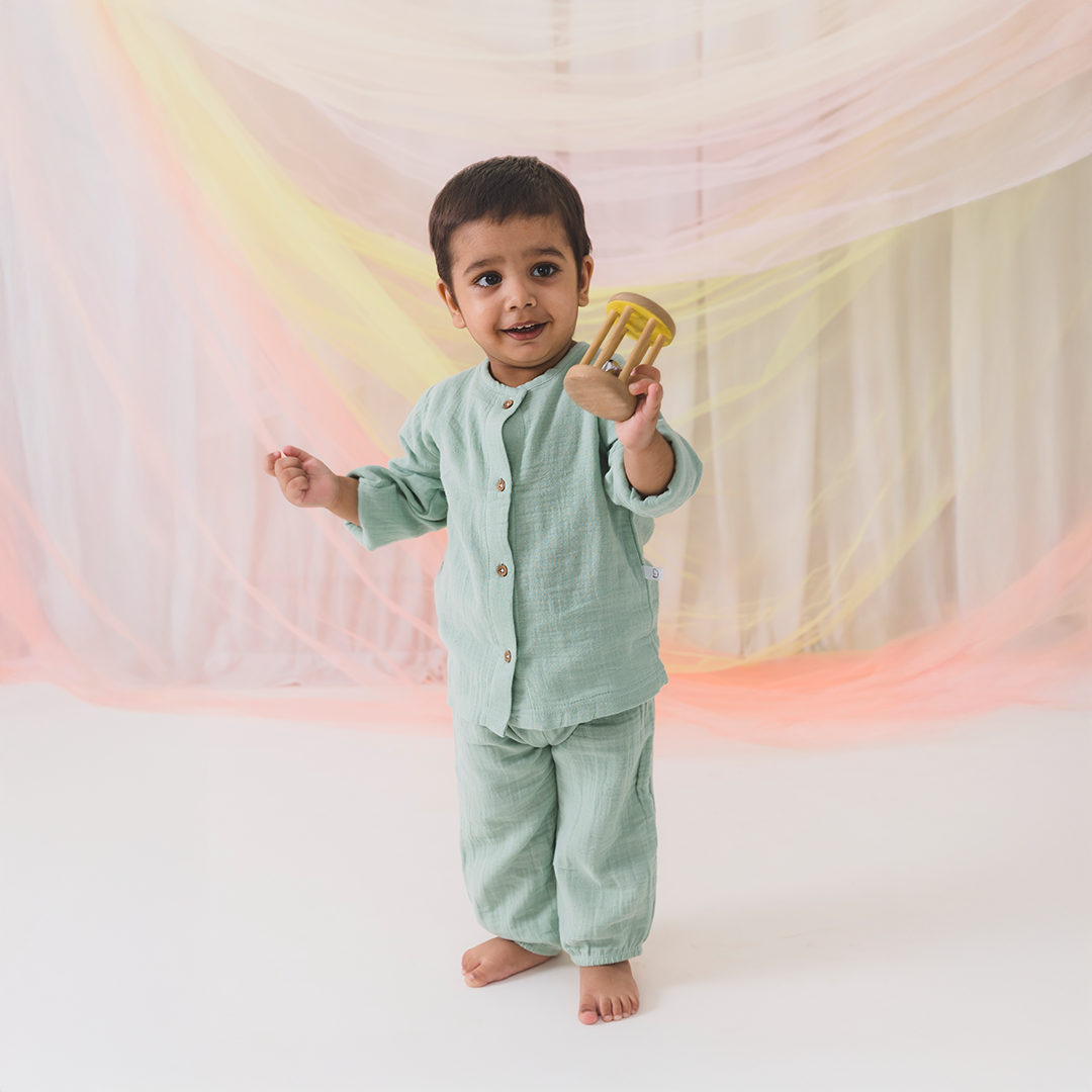 Muslin Full Sleeve Top & Pant Co-ord Set - Soft Green