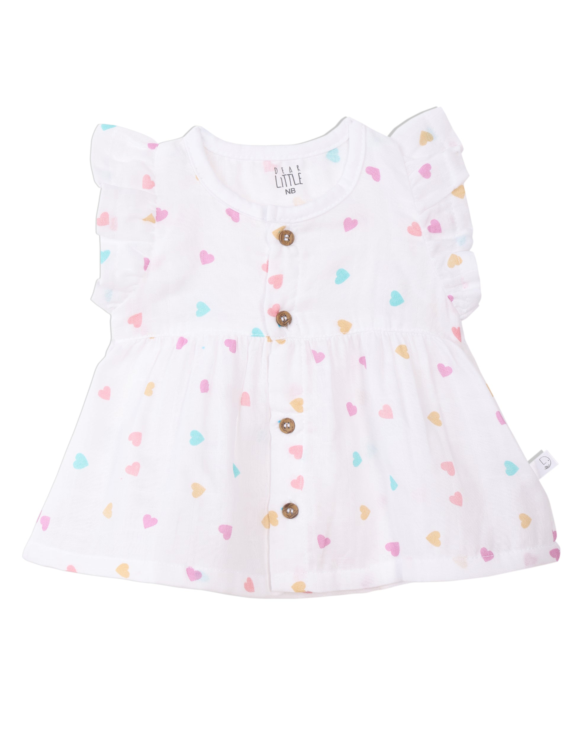 A white muslin frock with multicolor heart prints, ruffle sleeves, and wooden buttons designed for babies.