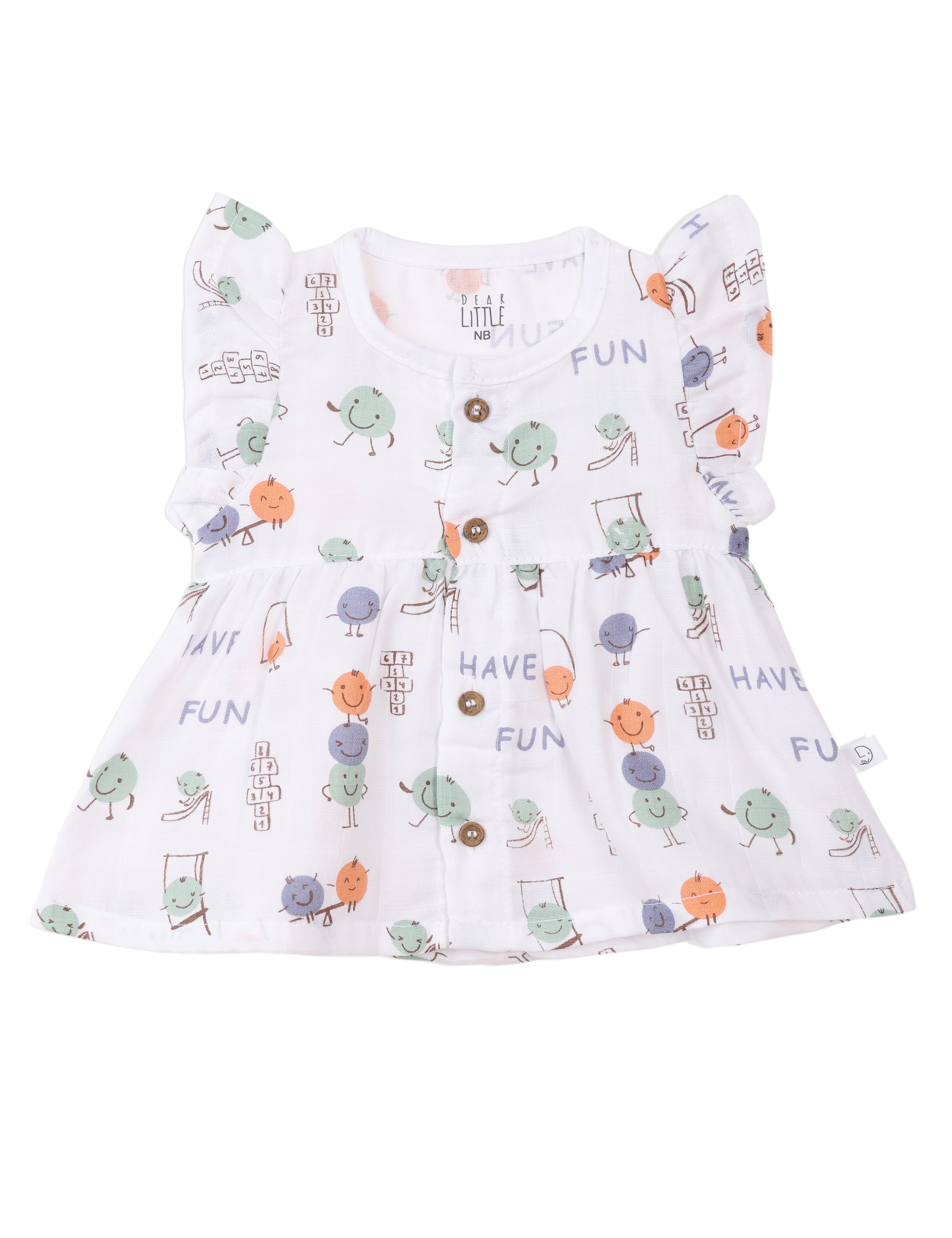 A white muslin frock with ruffle sleeves and colorful playful prints, featuring wooden buttons.