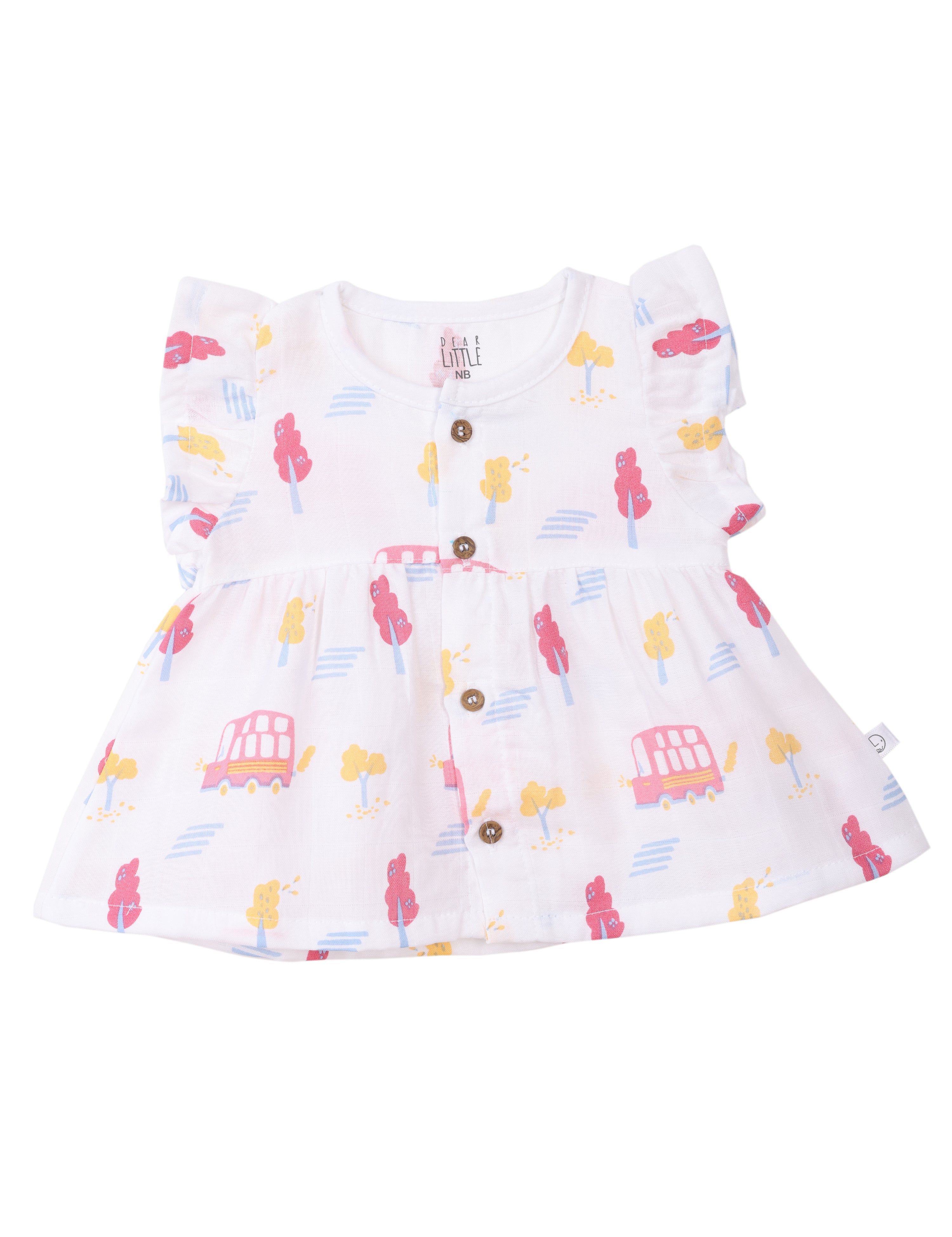A white ruffle sleeve muslin frock with colorful animal prints and wooden buttons.