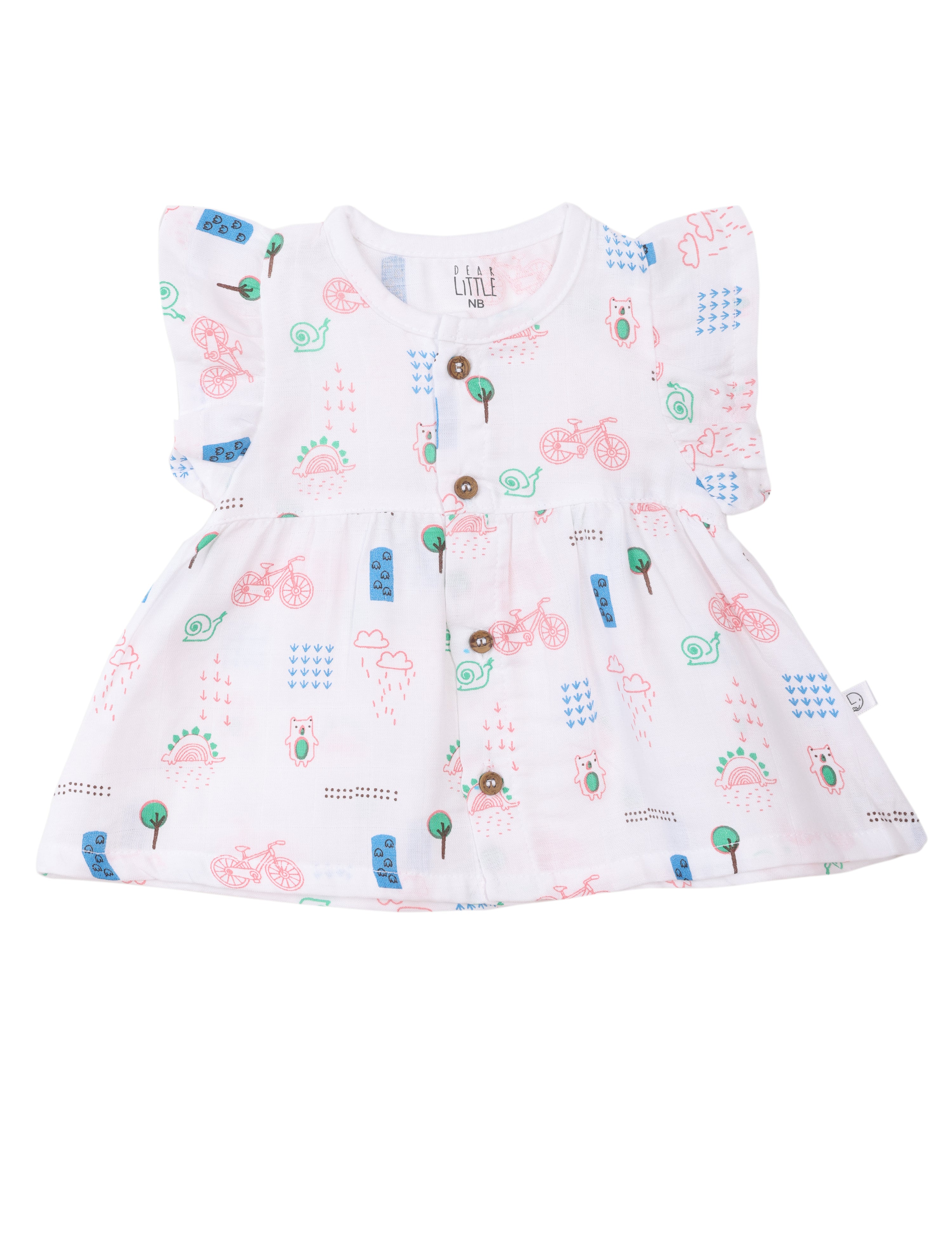 A white muslin frock with ruffle sleeves and multicolor floral prints, featuring wooden buttons.