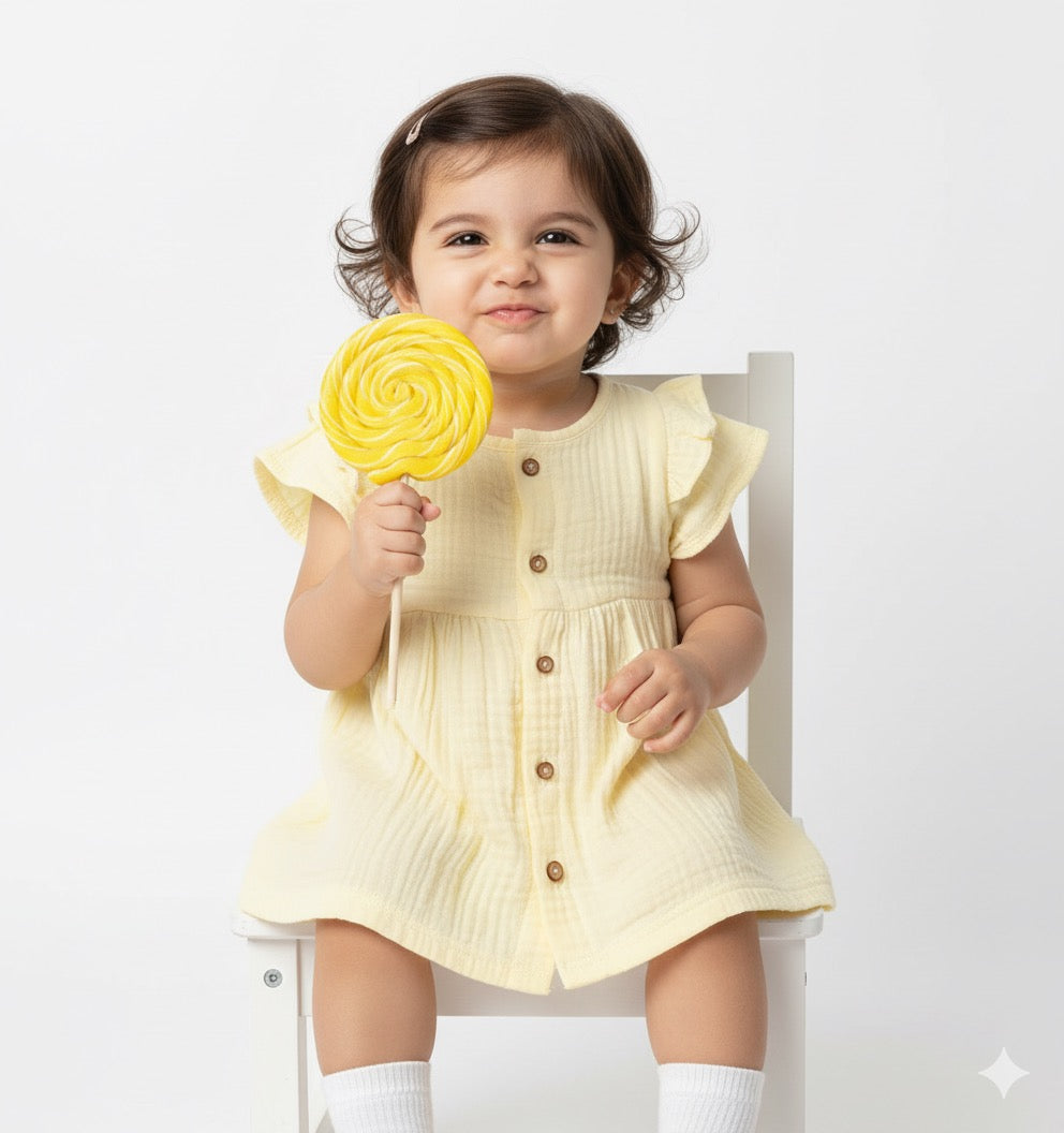Crinkled Muslin short sleeve frock with frill - Lemon Drop